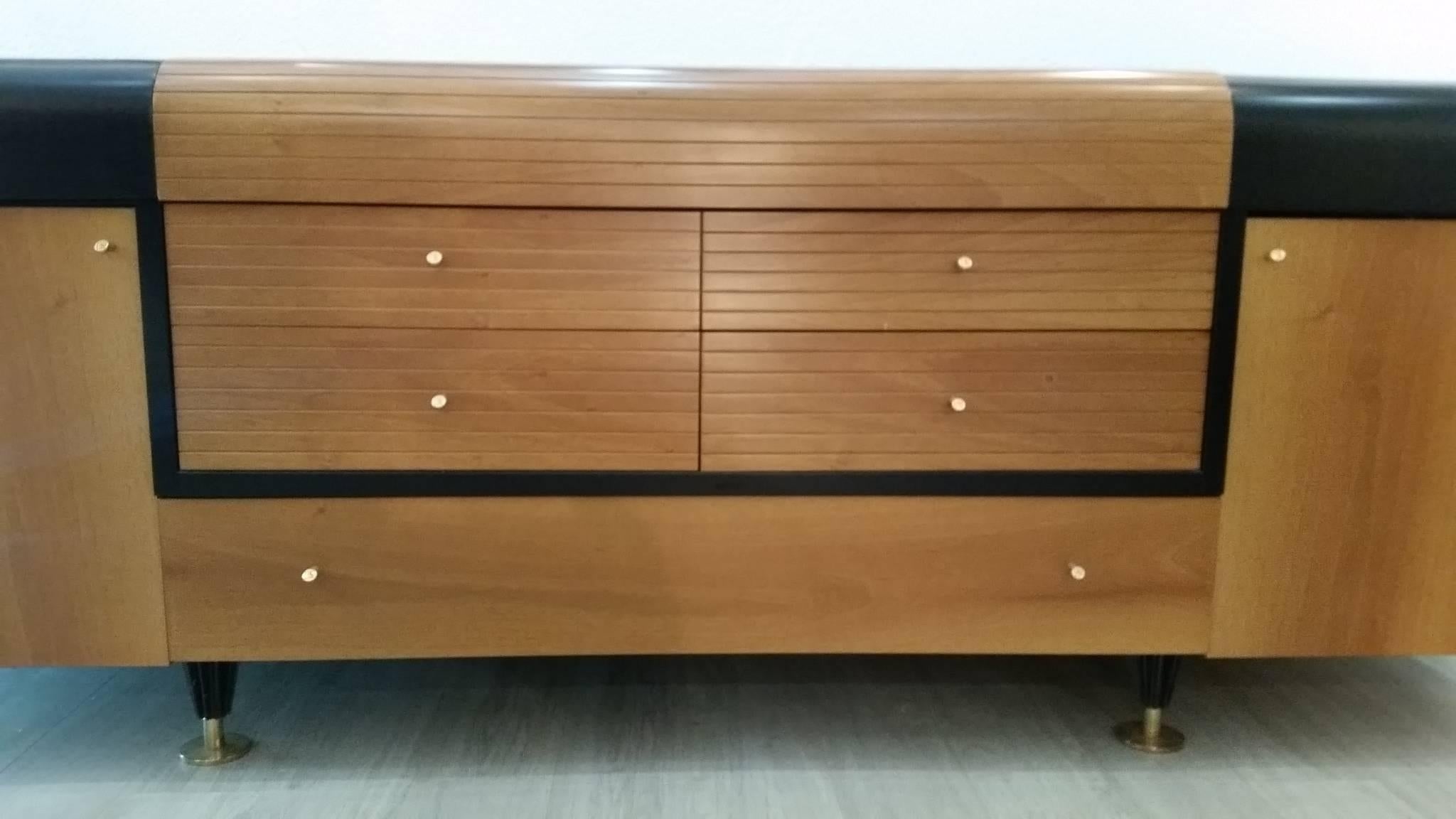 French Pierre Cardin Vintage Sideboard Black Lacquered Wood and Teak, circa 1980