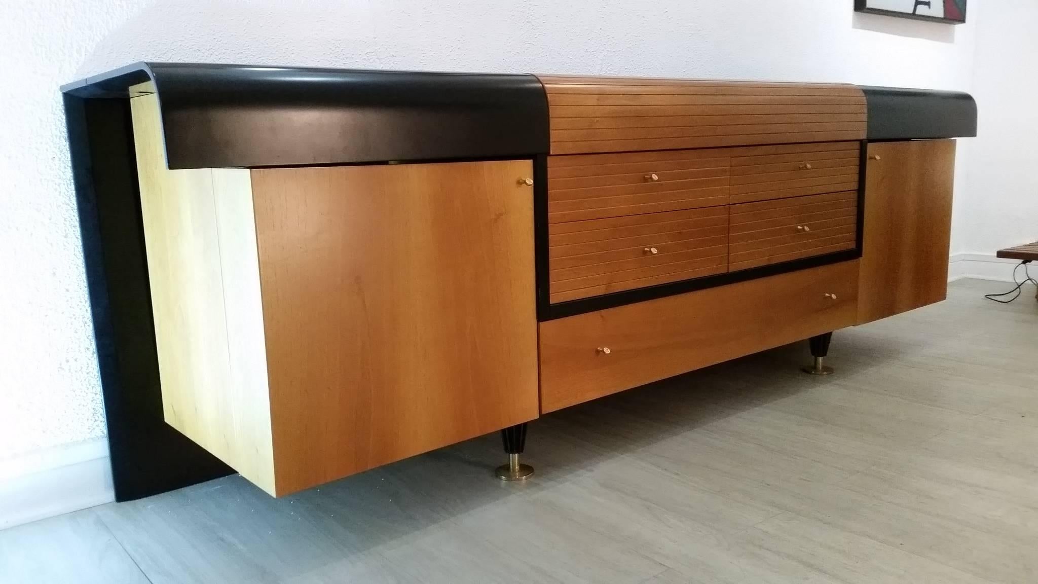 Pierre Cardin Vintage Sideboard Black Lacquered Wood and Teak, circa 1980 In Good Condition In Saint Ouen, FR