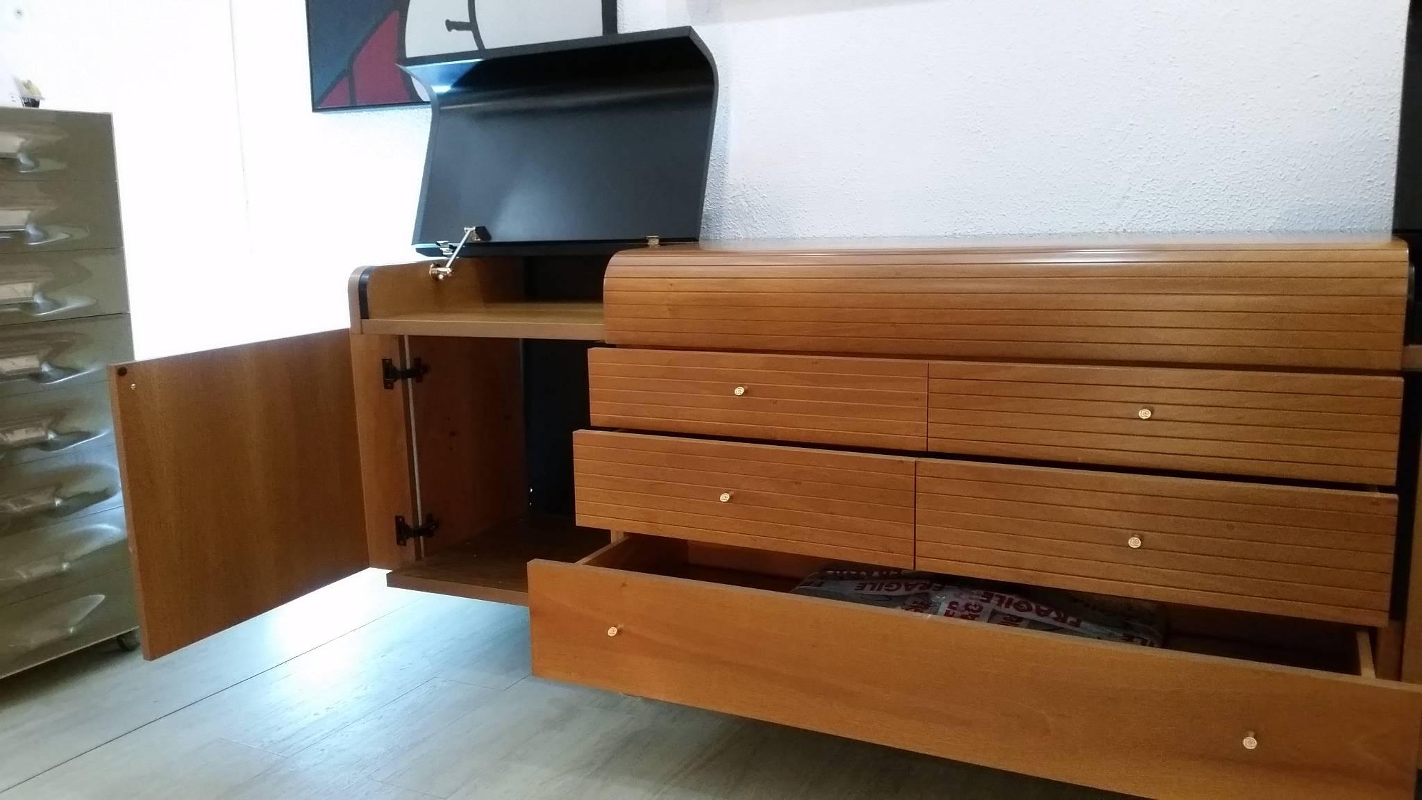 Pierre Cardin Vintage Sideboard Black Lacquered Wood and Teak, circa 1980 1