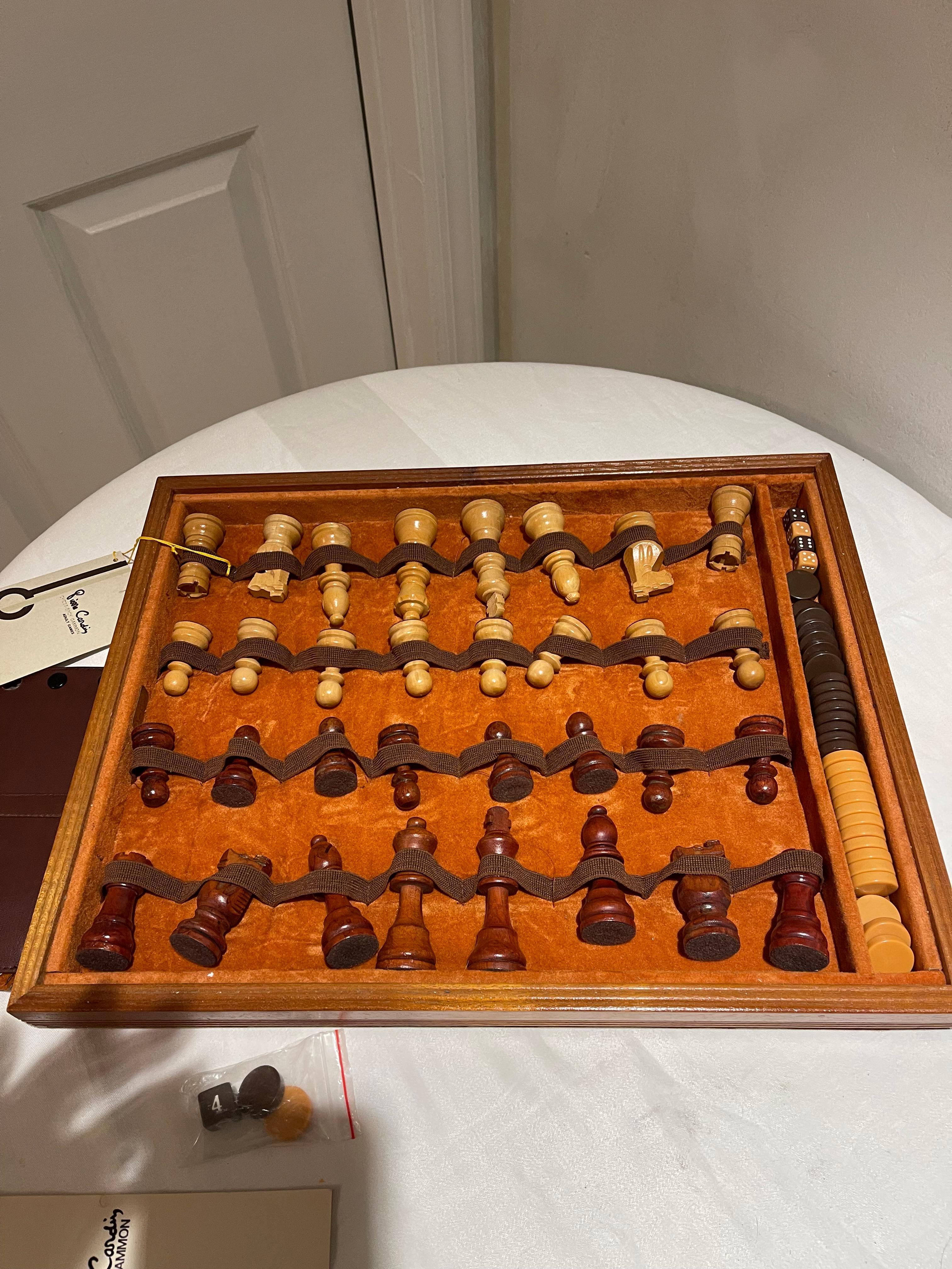 Late 20th Century Pierre Cardin Wood Chess Set and Backgammon Set