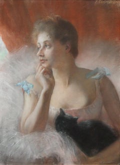 Ballet Dancer with Black Cat - French 19thC Impressionist portrait oil painting
