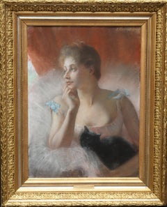 Ballet Dancer with Black Cat - French 19thC Impressionist portrait oil painting