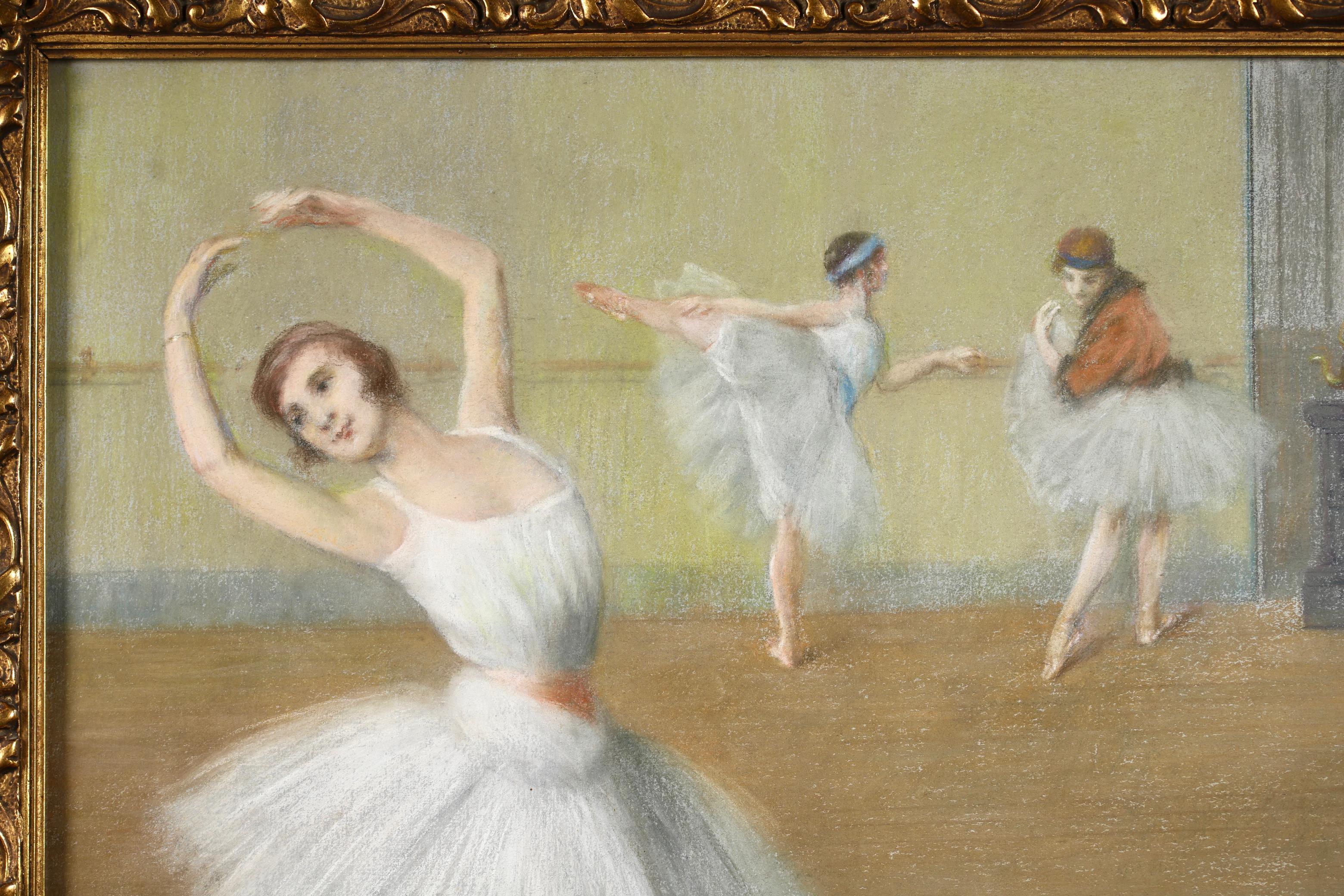 Signed figurative pastel on canvas circa 1910 by French genre painter Pierre Carrier-Belleuse. The work depicts three ballerinas wearing white tutus, warming up in a studio. Carrier-Belleuse was a contemporary of Edgar Degas and they exhibited