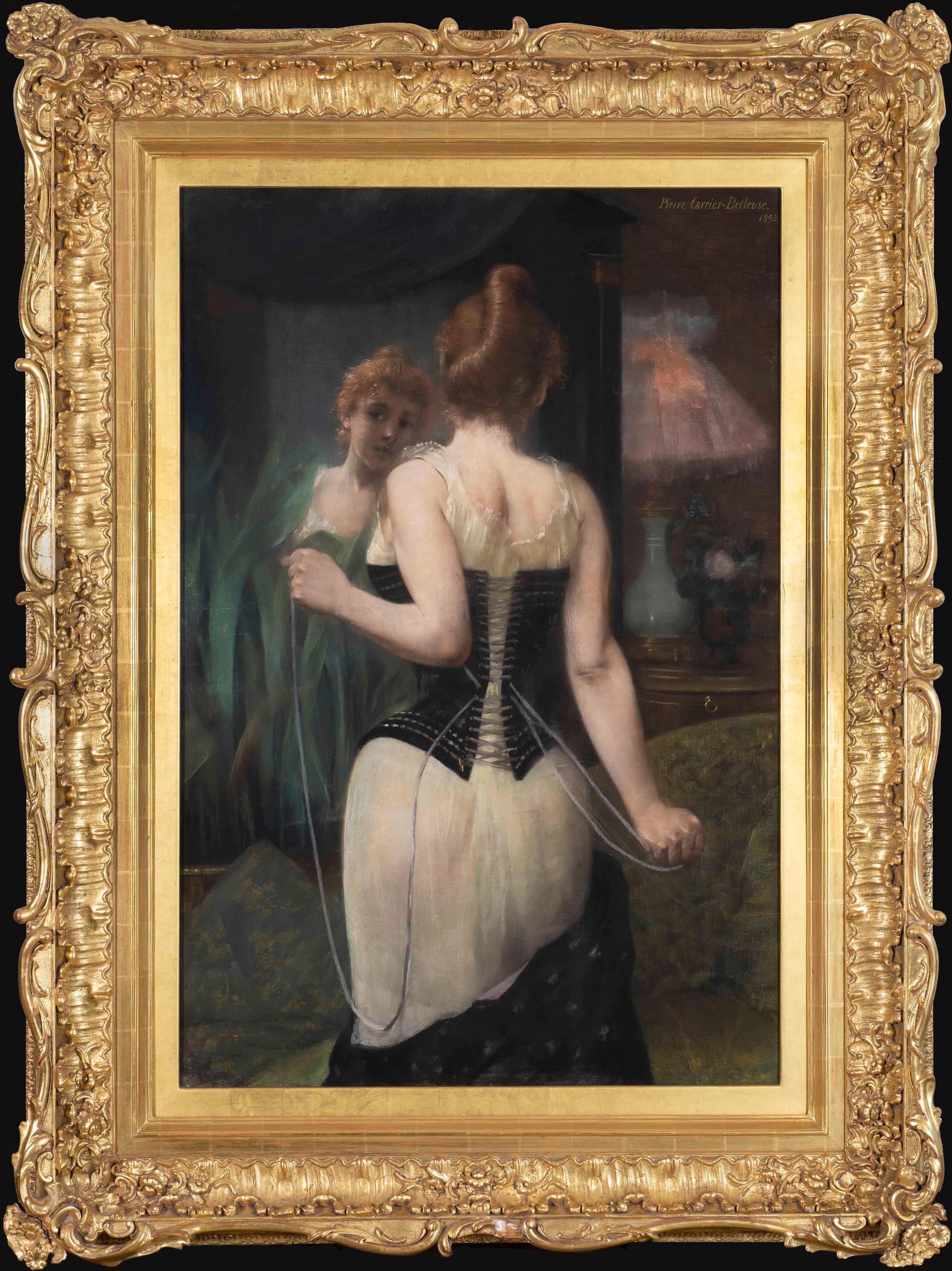 Jeune Frau angepasstes Sohnkorsett - Pierre Carrier-Belleuse, französisch, groß, pastellfarben im Angebot 1