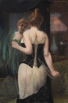 Jeune femme ajustant son corset - Pierre Carrier-Belleuse, french, large, pastel