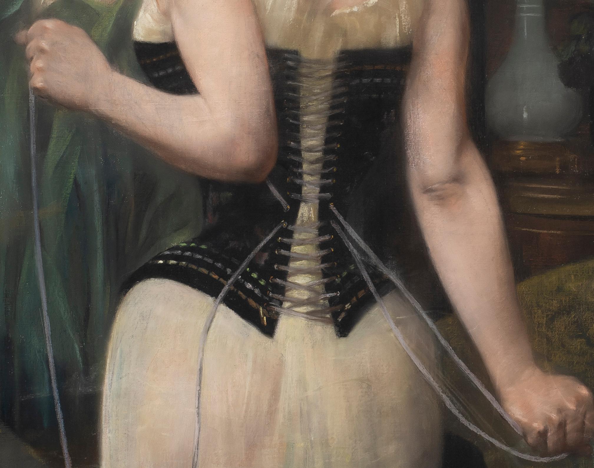 Jeune femme ajustant son corset - Pierre Carrier-Belleuse, french, large, pastel For Sale 1