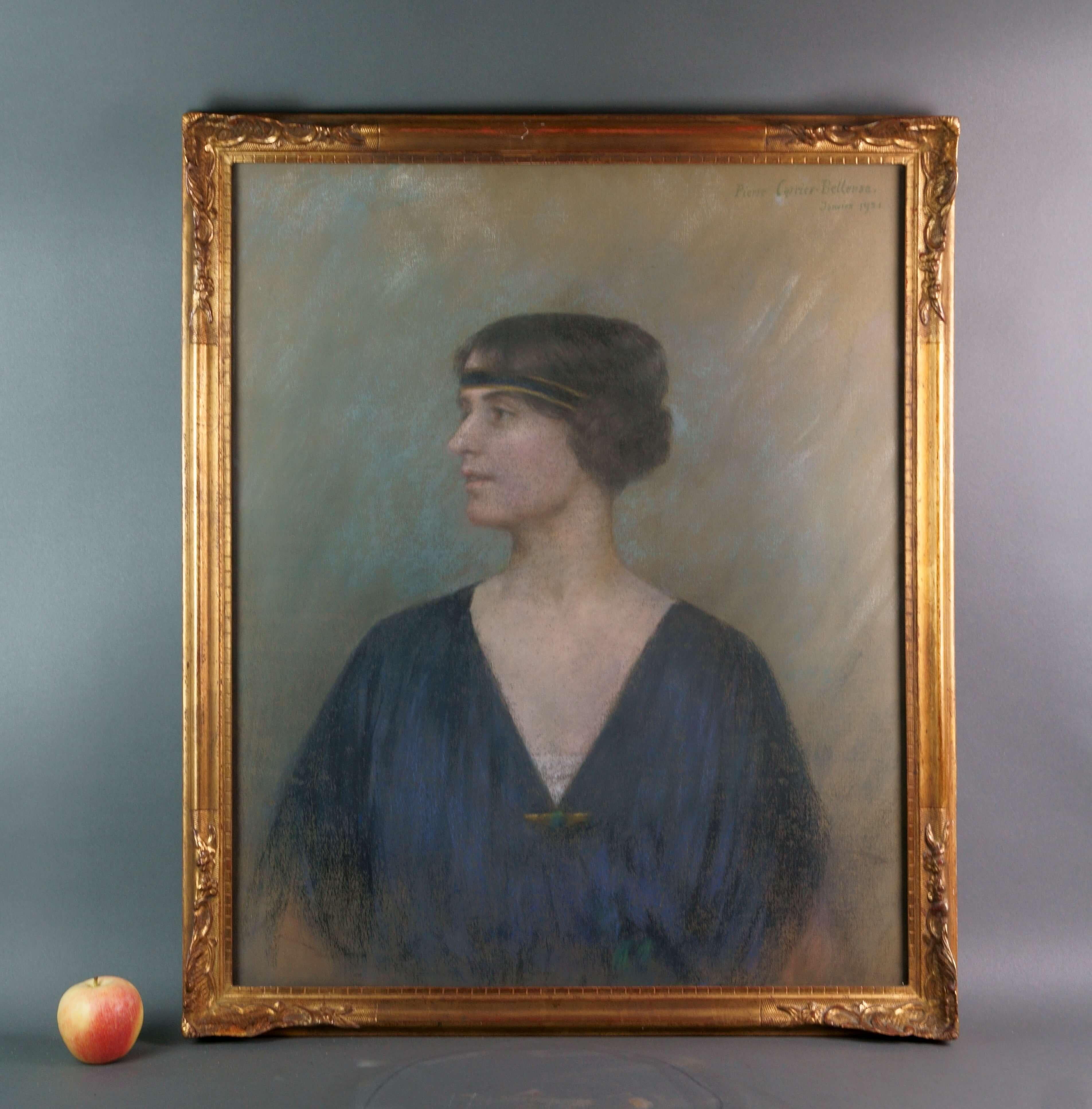 Retrato de una actriz París Belle Epoque Pastel Firmado Art Nouveau - Painting de Pierre Carrier-Belleuse
