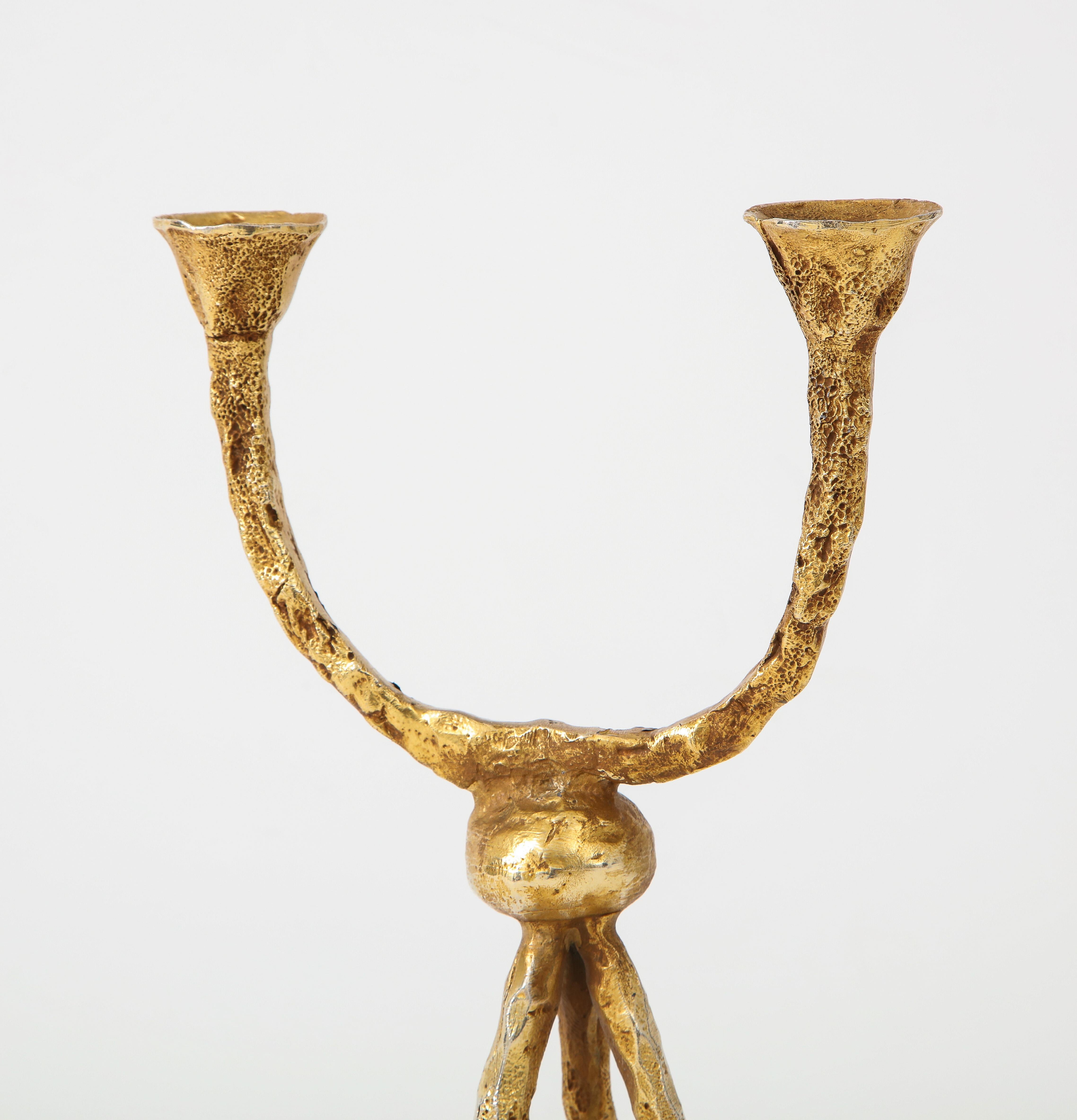 French Pierre Casenove Gilded Bronze Two-Arm Candlestick for Fondica