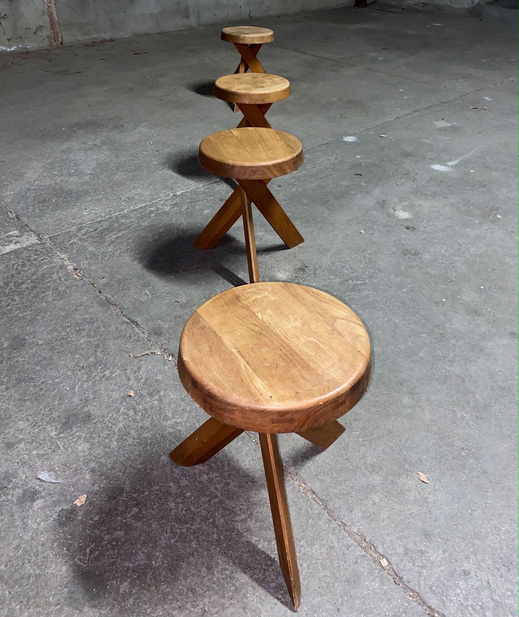 Mid-Century Modern Pierre Chapo a Set of Four Original Stool S31 in French Elm Design 1974