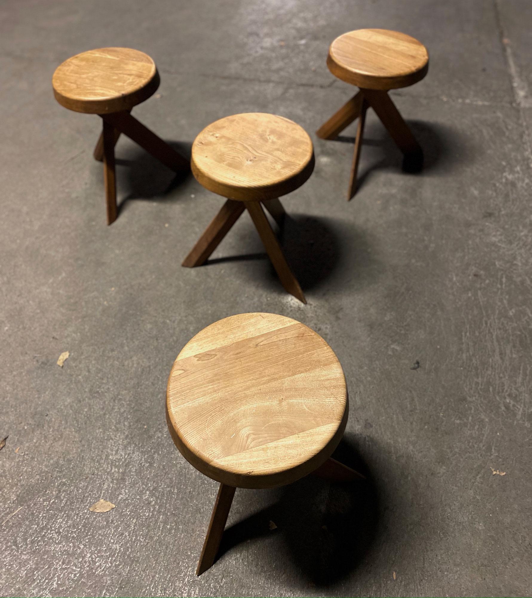 Late 20th Century Pierre Chapo a Set of Four Original Stool S31 in French Elm Design 1974