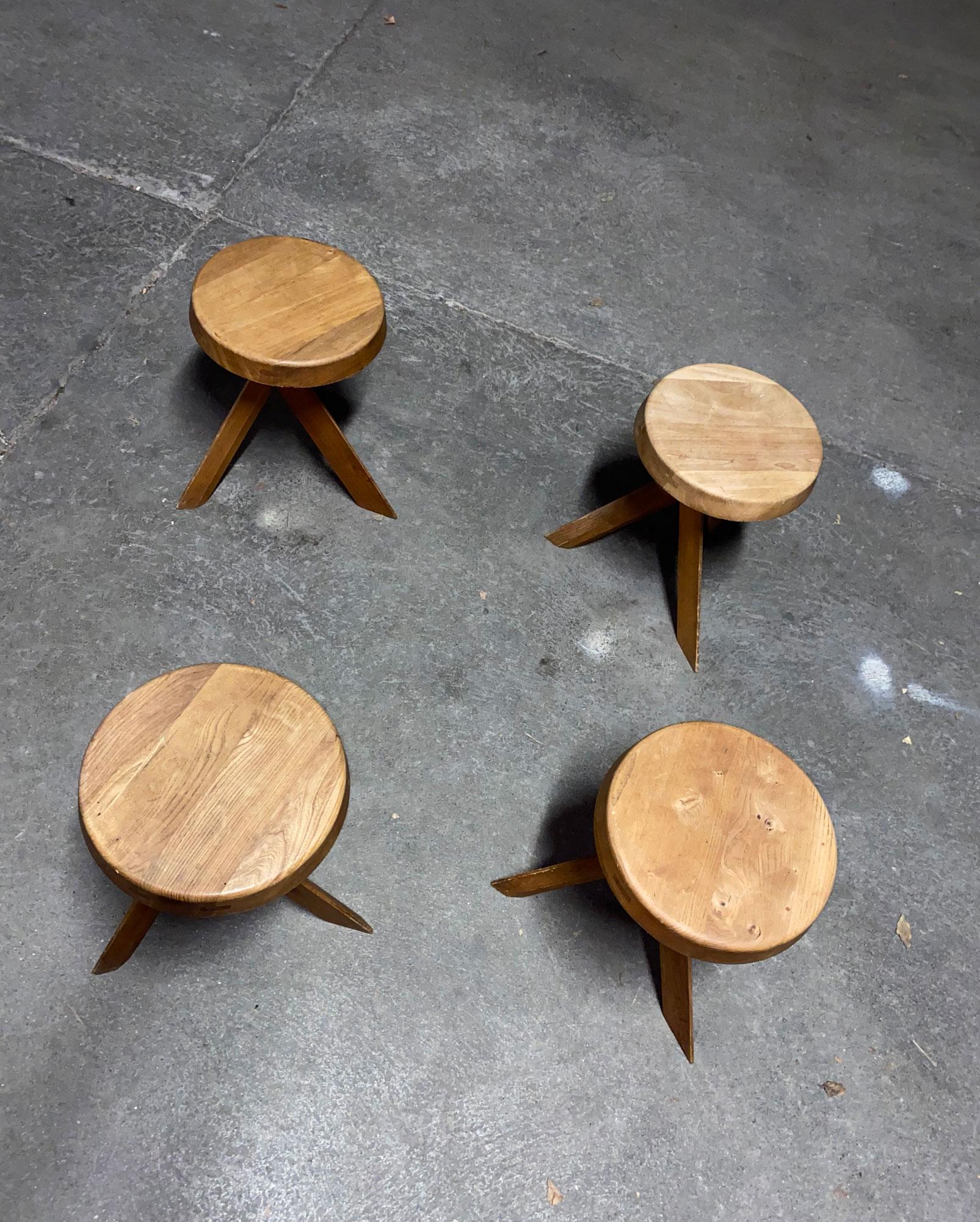 Pierre Chapo a Set of Four Original Stool S31 in French Elm Design 1974 1