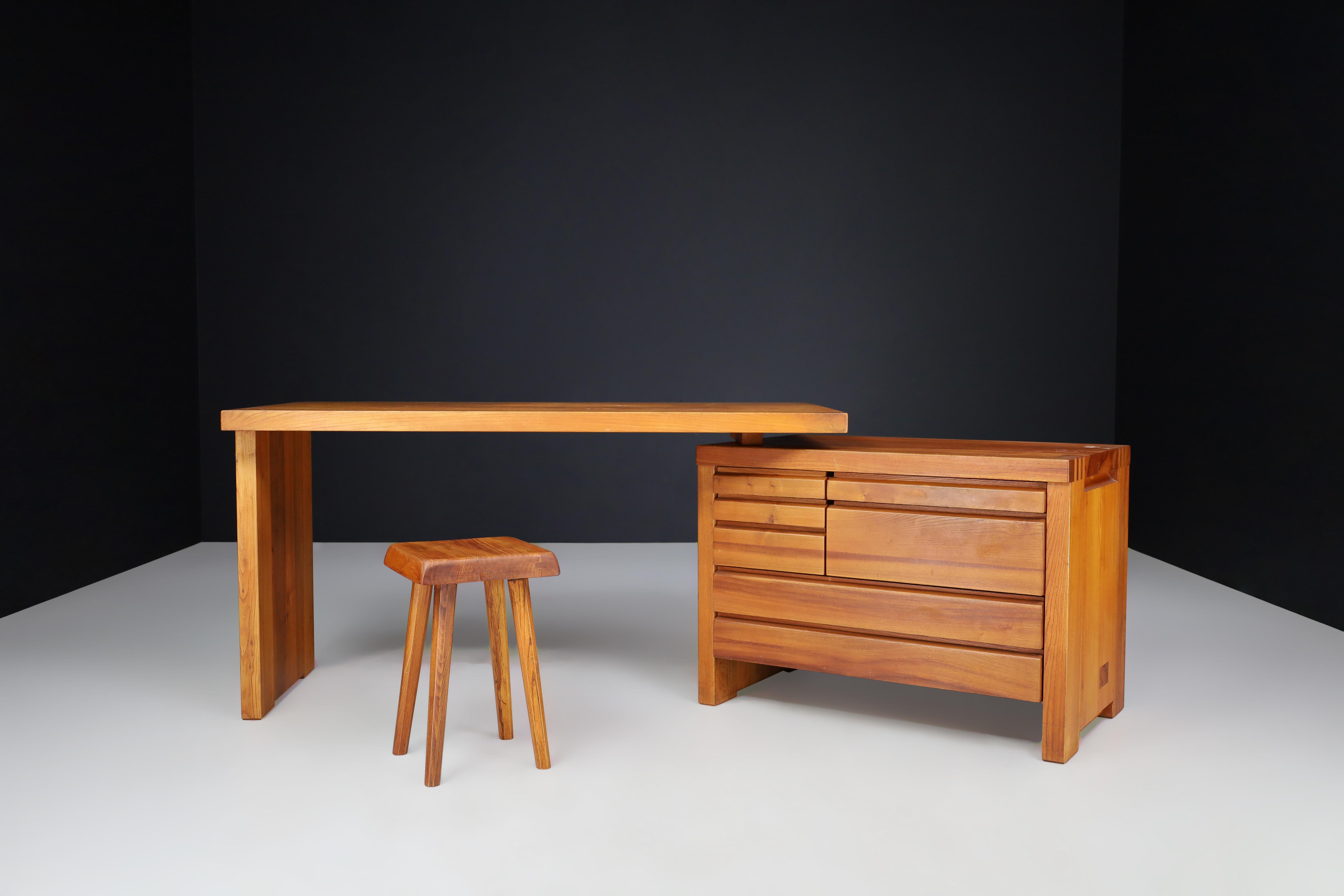 20th Century Pierre Chapo B19 Writing Desk in Patinated Solid Elm, France 1960s