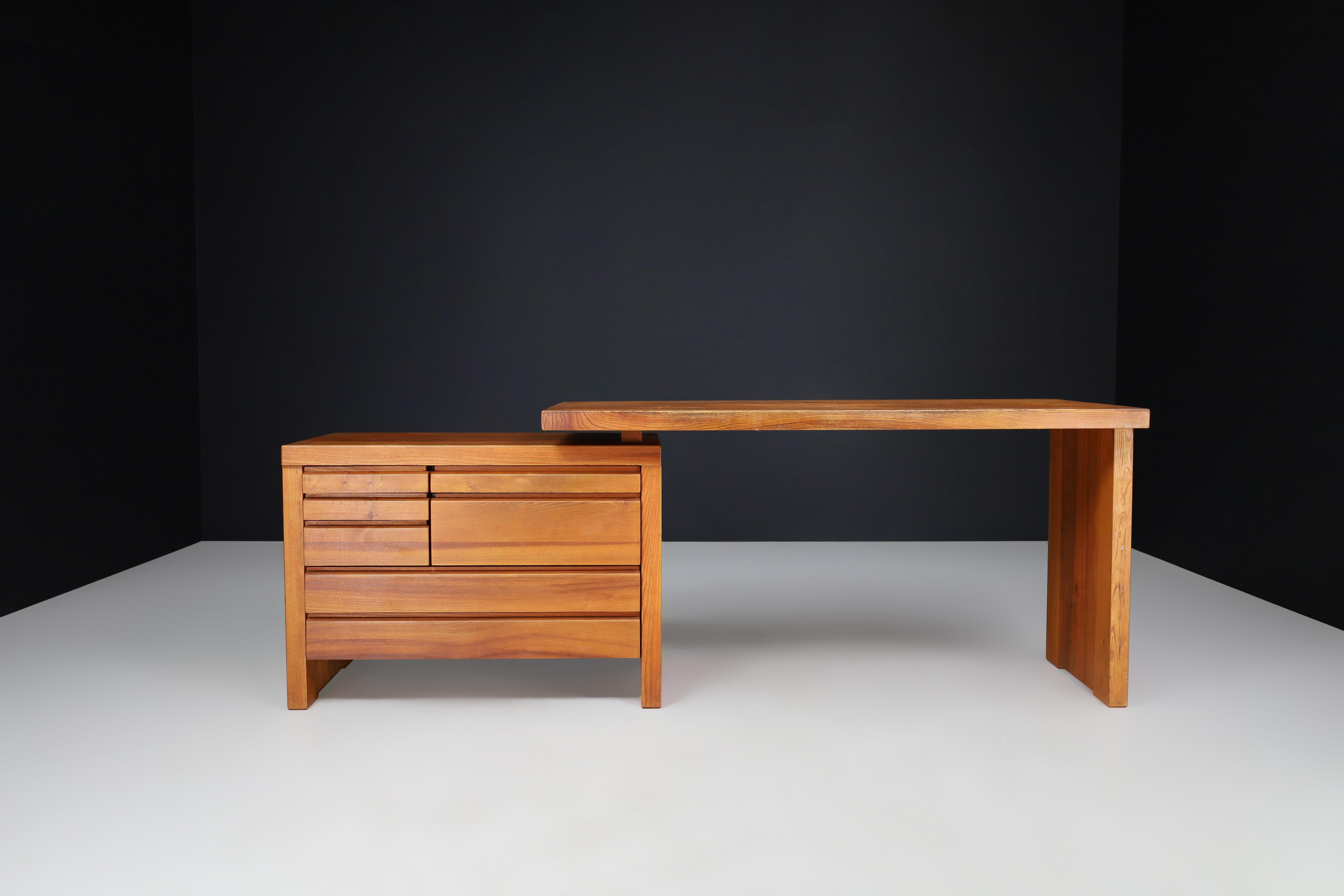 Pierre Chapo B19 Writing Desk in Patinated Solid Elm, France 1960s 2