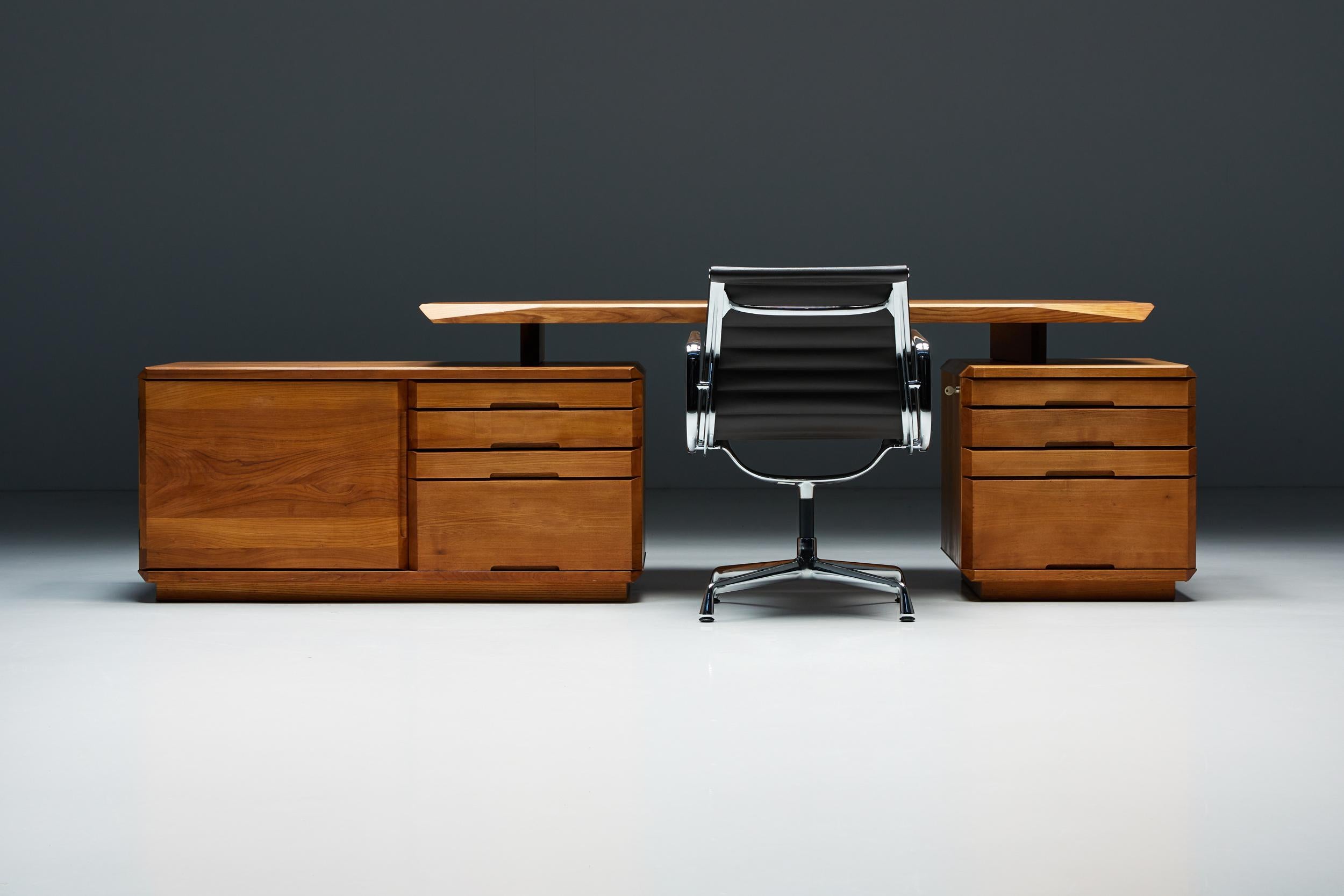 B40 desk; Pierre Chapo; Woodwork; Wood Joints; Elm Wood; Cabinets; Shelves; Mid-Century Modern; Modernist; France; 1960s;

B40 desk by furniture designer Pierre Chapo, a true masterpiece that is sure to elevate any workspace. Crafted from solid