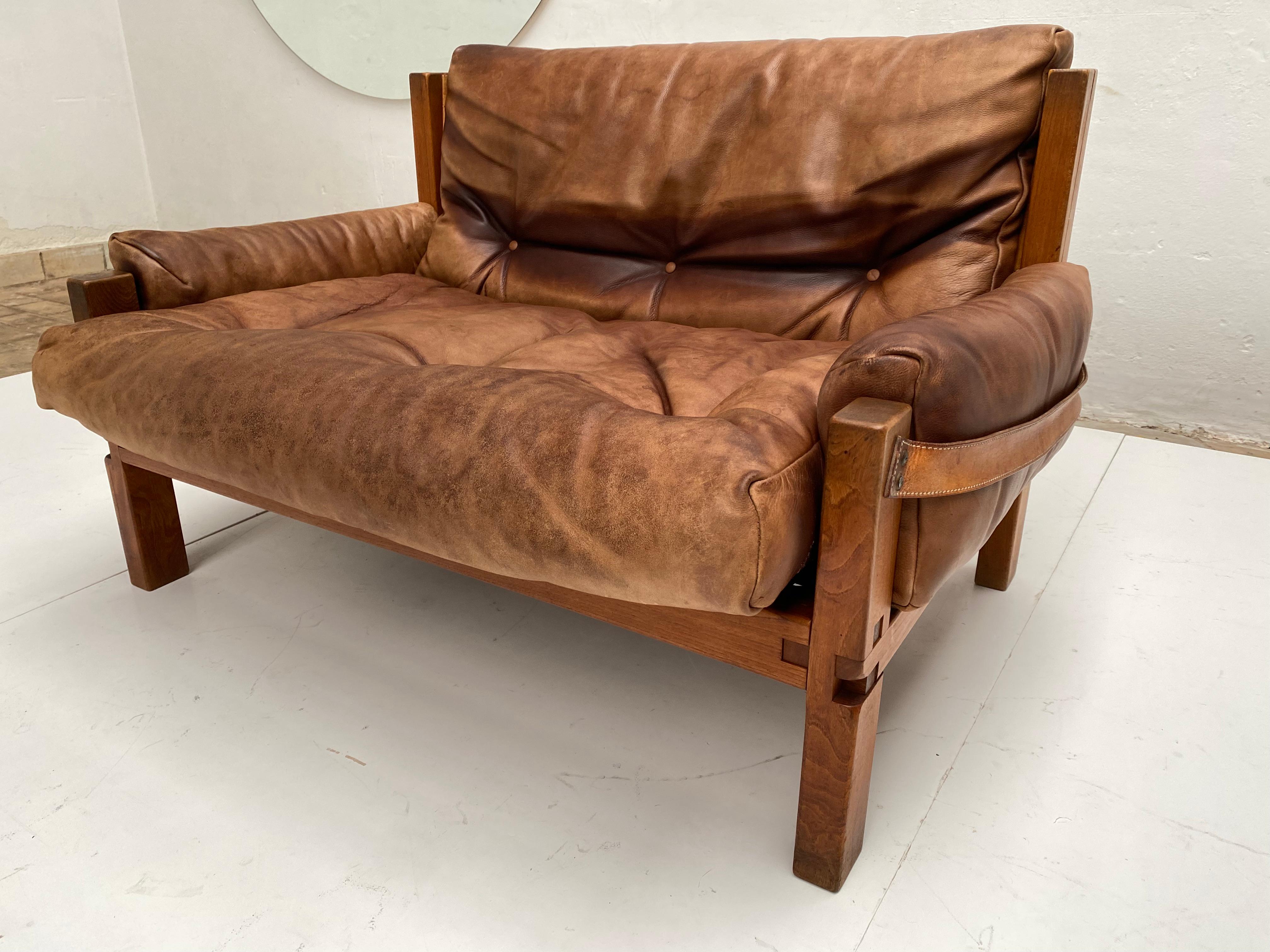 Banc S18y « Love Seat » de Pierre Chapo en bois d'orme et cuir d'origine, 1970  12
