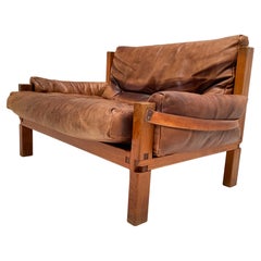 Pierre Chapo, Bench S18y "Love Seat", Elm Wood and Original Leather, 1970 