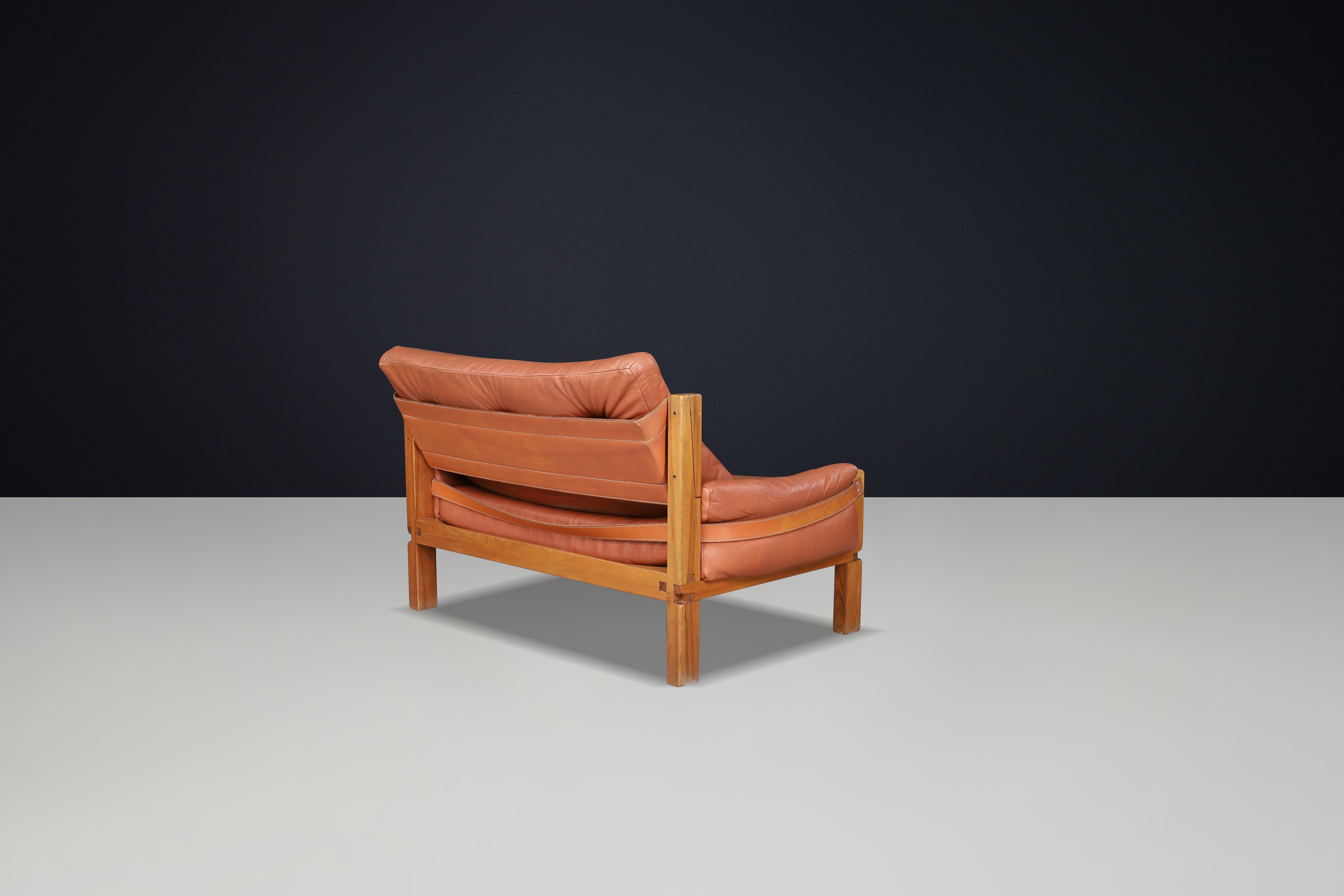 Pierre Chapo, S18Y Love Seat Bench aus Ulme und patiniertem Leder, Frankreich, 1970er Jahre im Angebot 7
