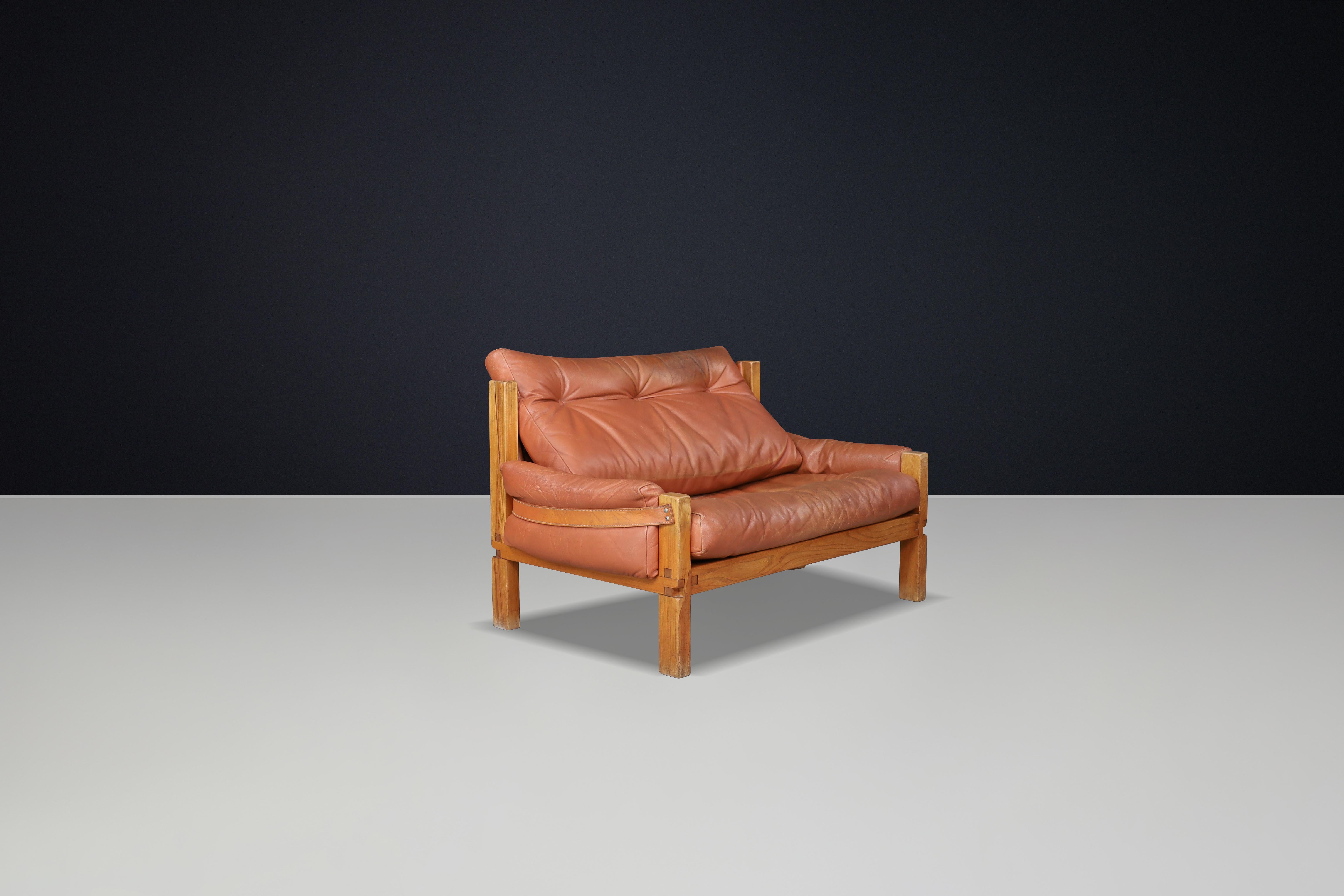 Pierre Chapo, S18Y Love Seat Bench aus Ulme und patiniertem Leder, Frankreich, 1970er Jahre im Angebot 8