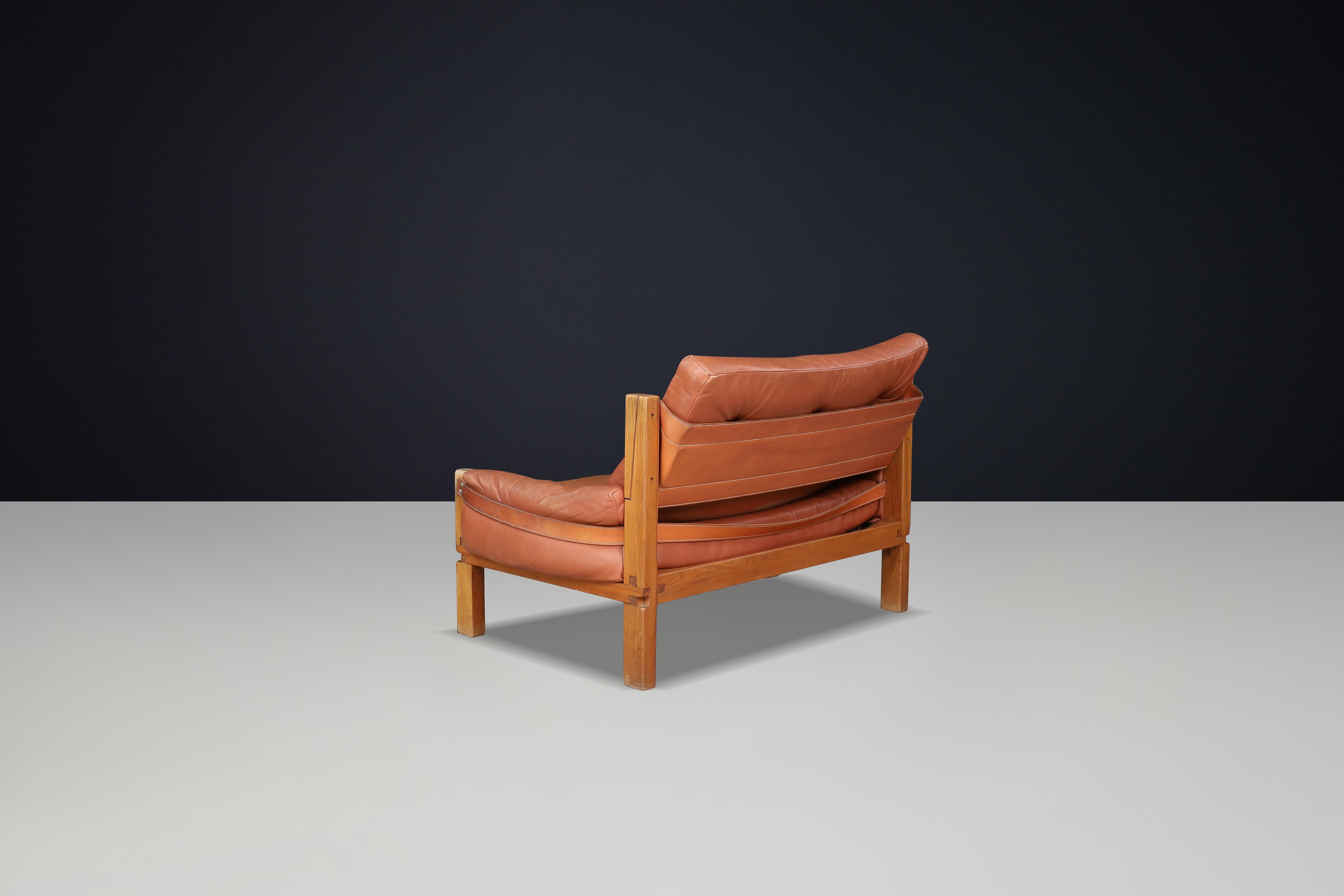Pierre Chapo, S18Y Love Seat Bench aus Ulme und patiniertem Leder, Frankreich, 1970er Jahre im Angebot 9
