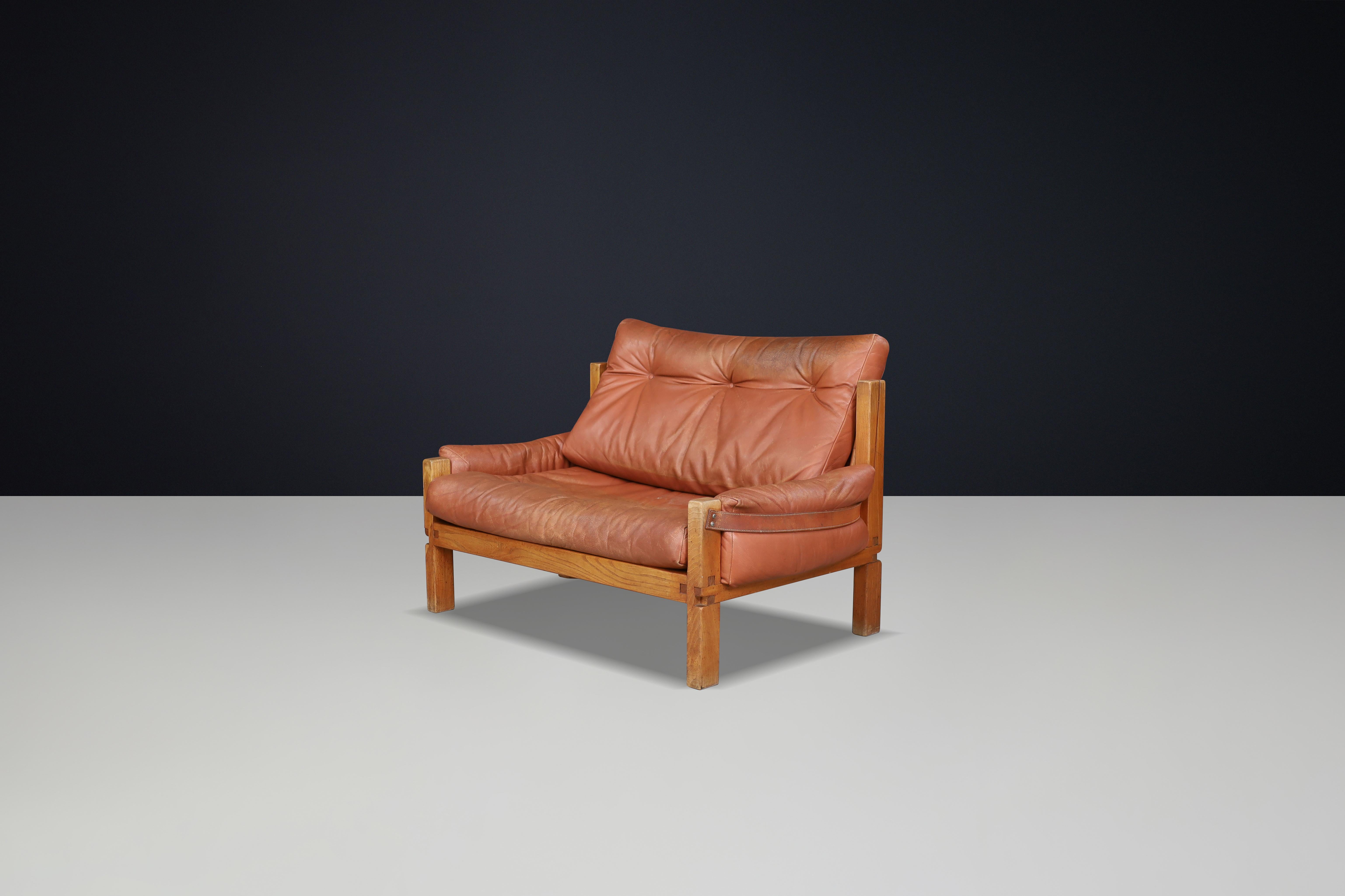 Pierre Chapo, S18Y Love Seat Bench aus Ulme und patiniertem Leder, Frankreich, 1970er Jahre im Angebot 10