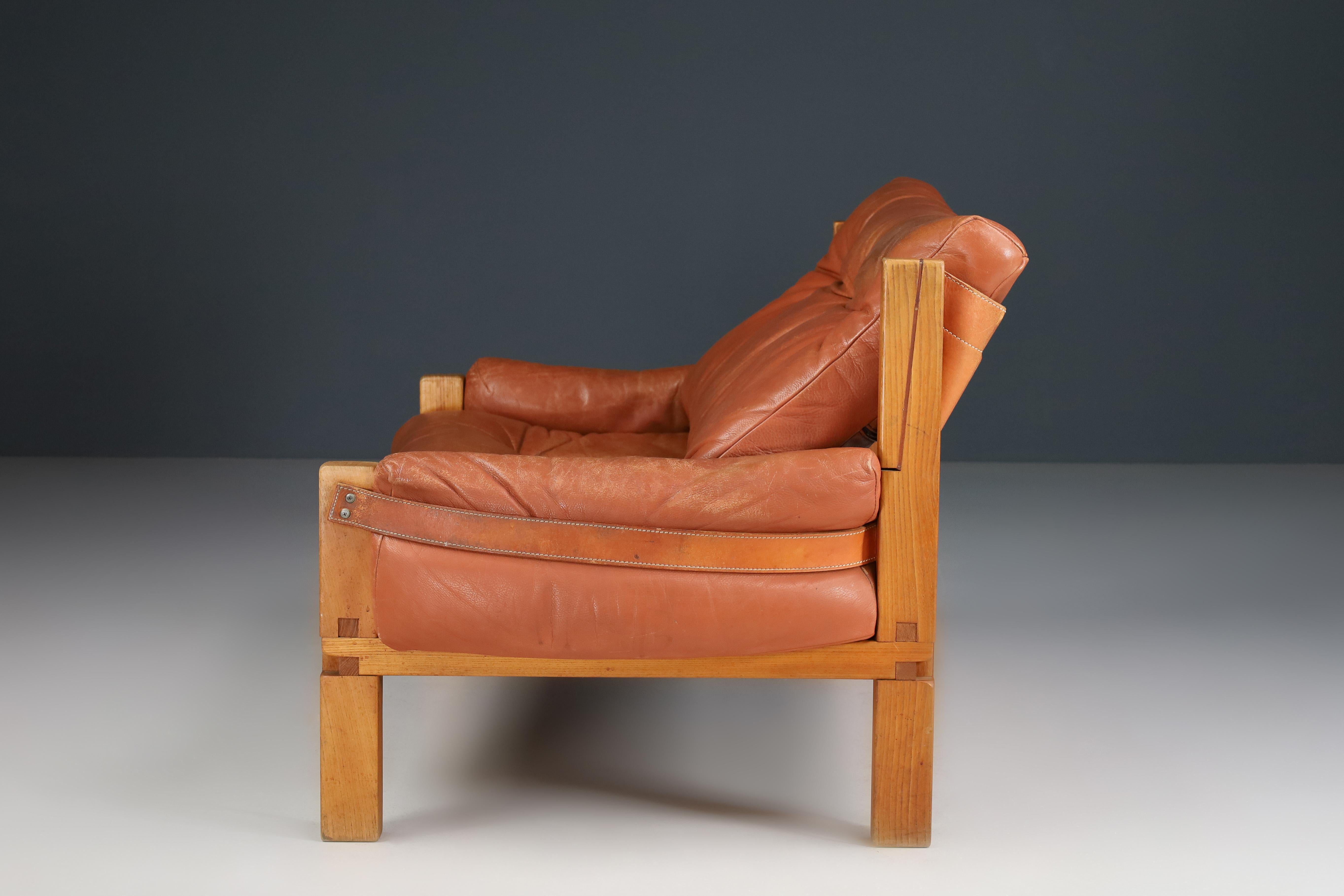 Pierre Chapo Bank S18Y „Love Seat“ aus Ulmenholz und Originalleder, 1970er Jahre (Leder) im Angebot