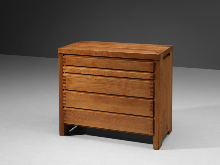 Pierre Chapo, chest of drawers, model 'R09', solid elm, France, 1960.

Beautiful crafted commode combines a simplified yet complex design with nifty, solid construction details that characterize Chapo's work. The well proportioned corpus includes