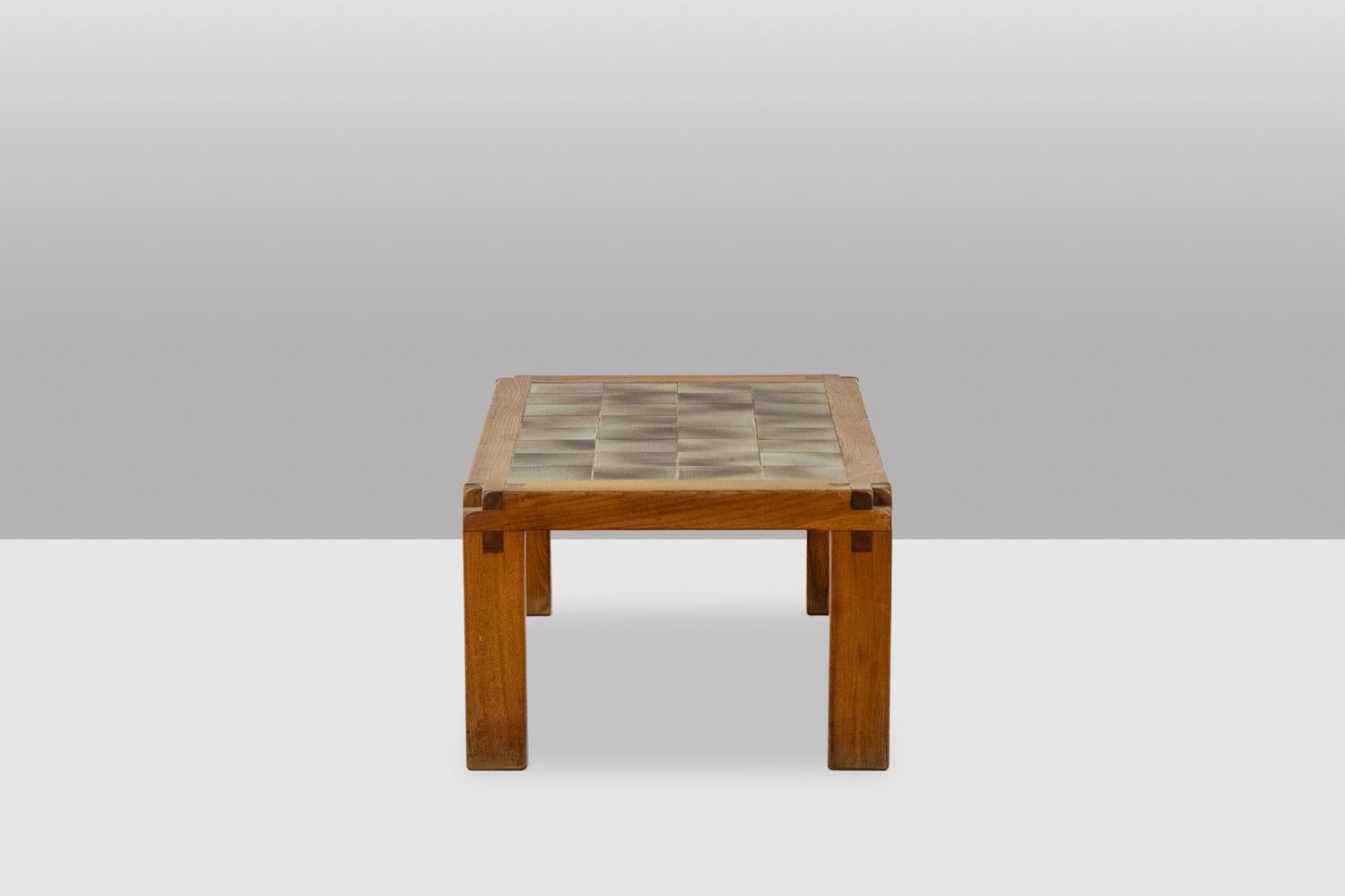 Hand-Crafted Pierre Chapo  Coffee table in blond elm and ceramic. Circa 1960 For Sale