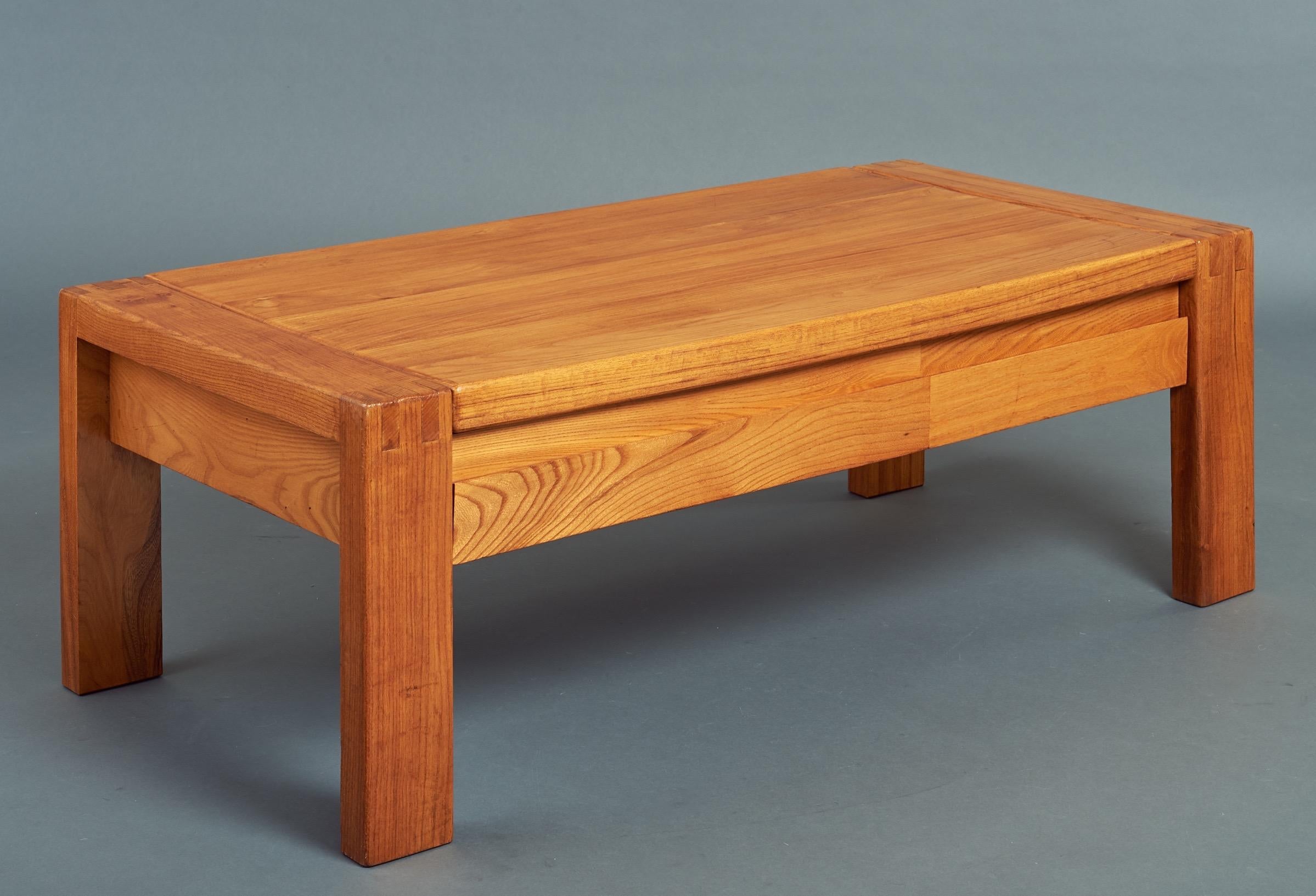 Pierre Chapo (1927-1987)

A two-drawer coffee table by master craftsman and woodworker Pierre Chapo, with beautiful exposed joinery in fitted oak. This piece is a compelling example of Chapo’s excellent cabinetry and stripped-down, essentialist