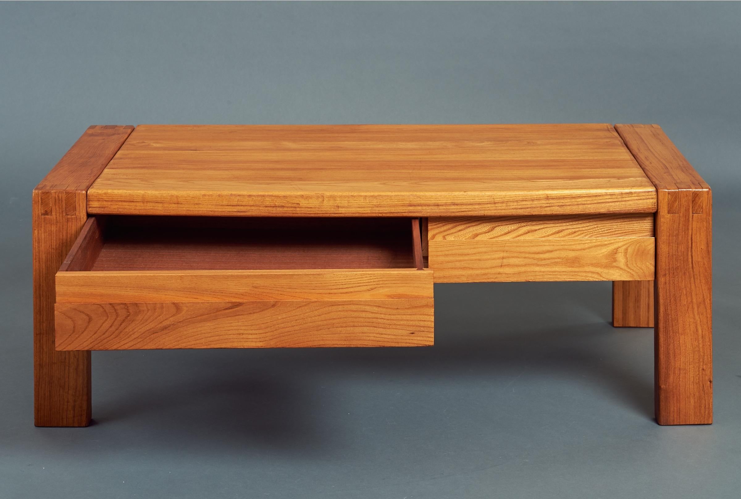 French Pierre Chapo, Large Oak Coffee Table with Decorative Joinery, France 1960's