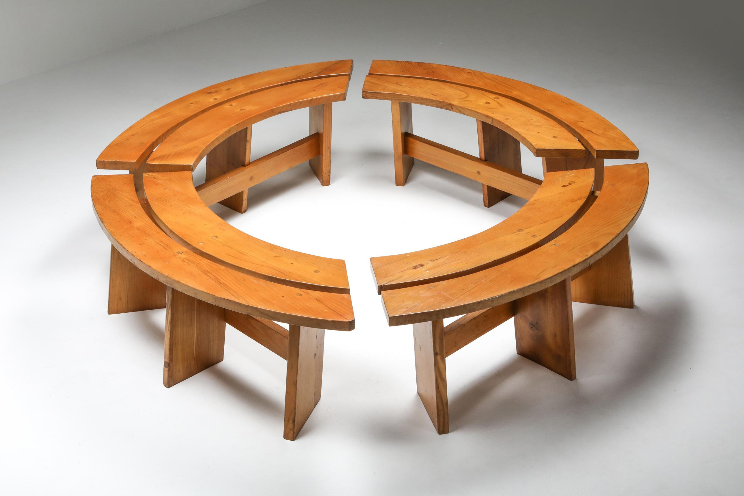 Pierre Chapo, elm, set of four benches, Mid-Century Modern
These benches are another great example of the quality and craftsmanship of Pierre Chapo
France, 1960s.
One piece: H 46 cm, D 46 cm, W 129 cm.
 