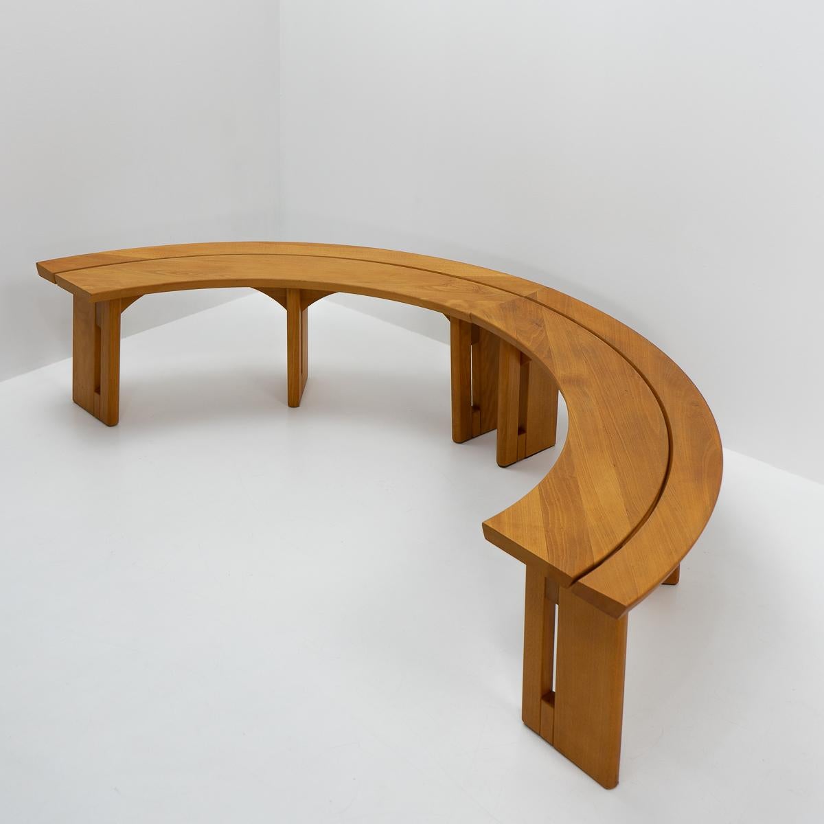 Set of two elmwood benches produced by Seltz France attributed to Pierre Chapo. 

These benches are intended to fit around a 110 cm - 140cm round table.


Dimensions:

Width: 140 cm

Height: 44 cm

Depth: 31 cm



Materials: French