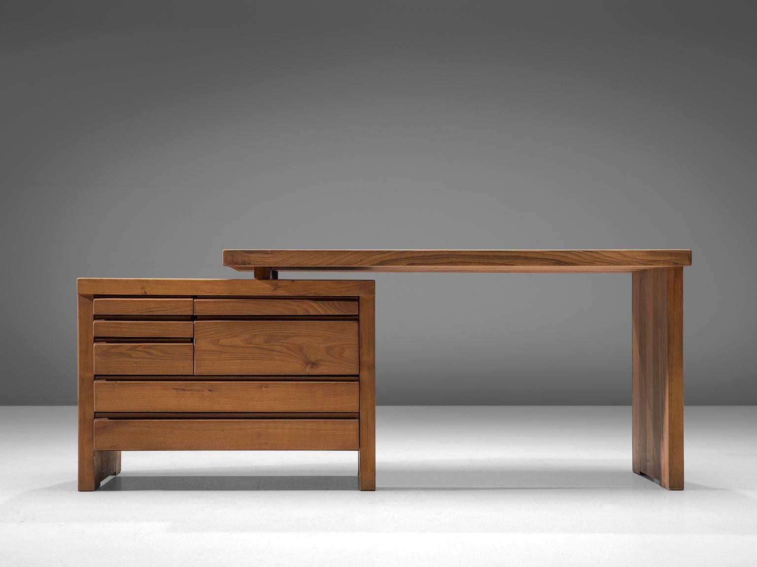 Mid-Century Modern Pierre Chapo Desk in Solid Elm with Drawers