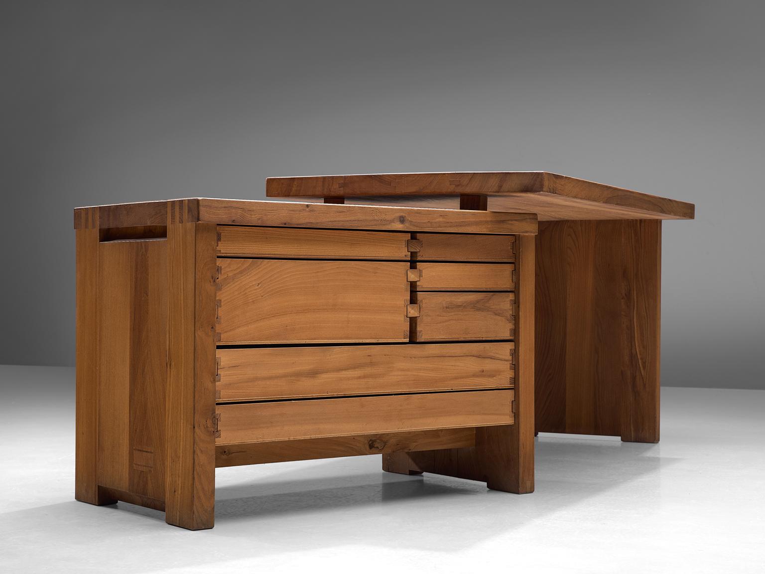 French Pierre Chapo Desk in Solid Elm with Drawers