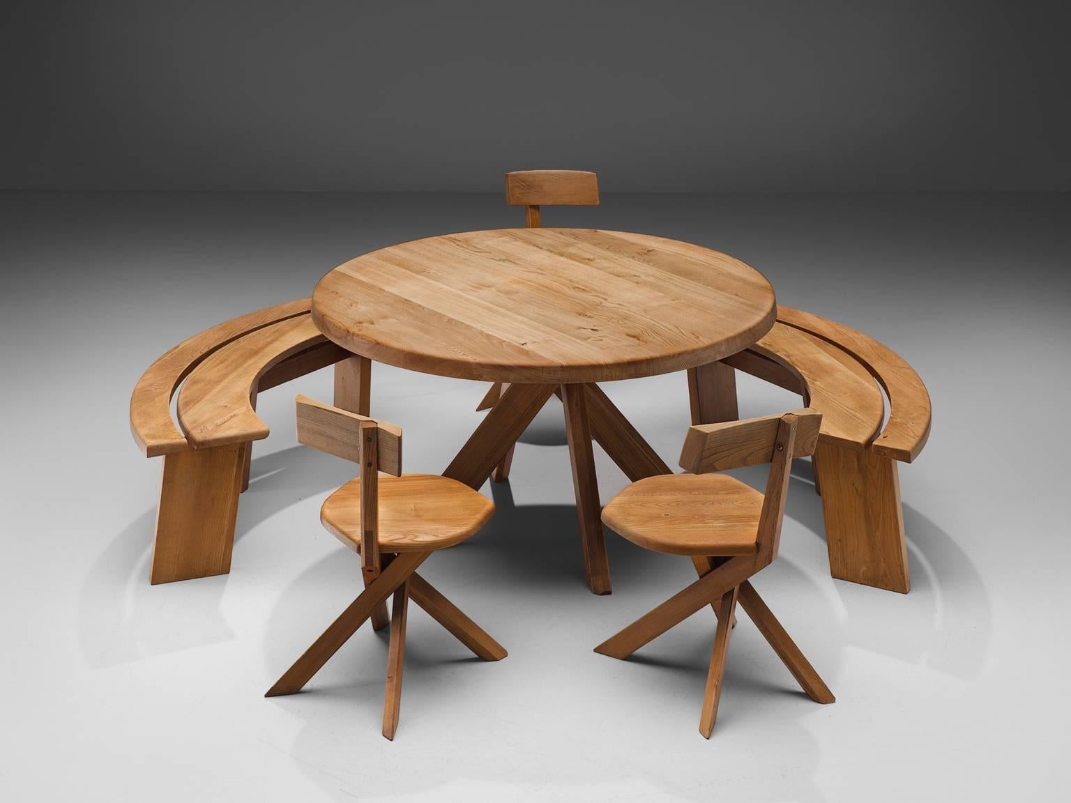 Kitchen or dining room set in solid elmwood. Designed by the French designer Pierre Chapo, 1960s.

Very well crafted round pedestal T21B table, 2 quarter round S38 bench and 3 S34 chairs, all in good condition. The basic design and constructions, as