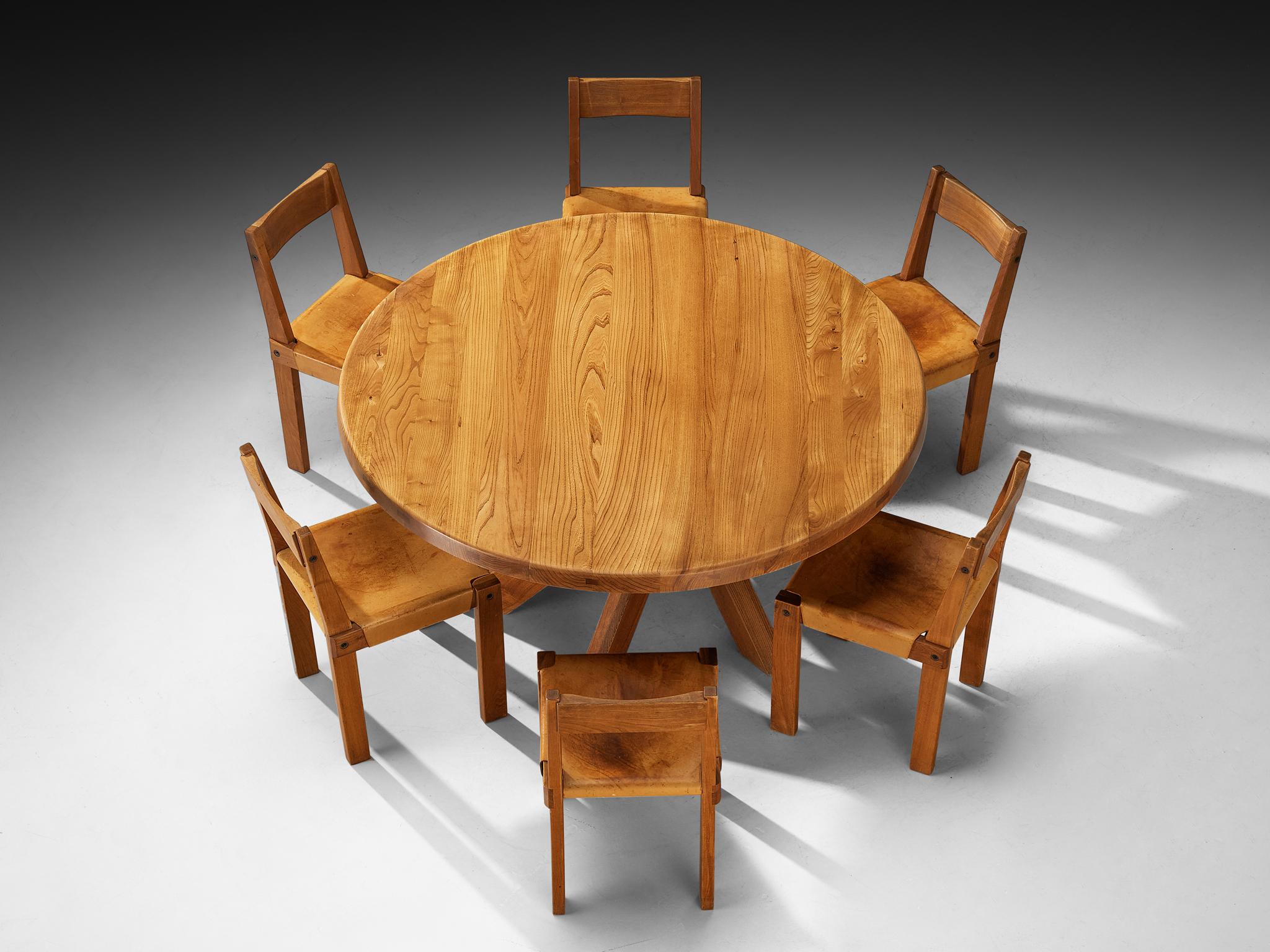 French Pierre Chapo Dining Room Set with 'T21 D' Table and 'S24' Chairs For Sale