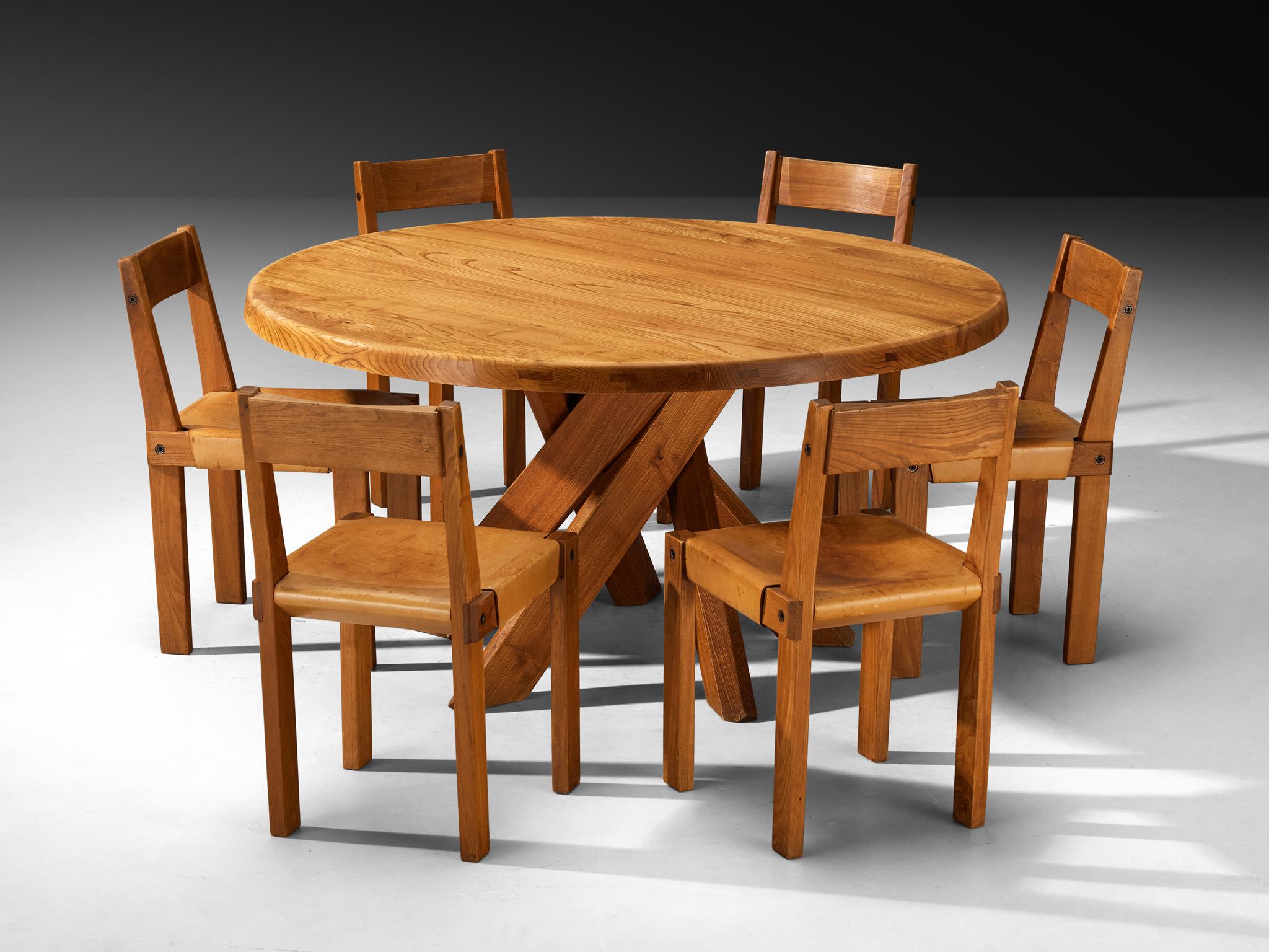 Late 20th Century Pierre Chapo Dining Room Set with 'T21 D' Table and 'S24' Chairs For Sale