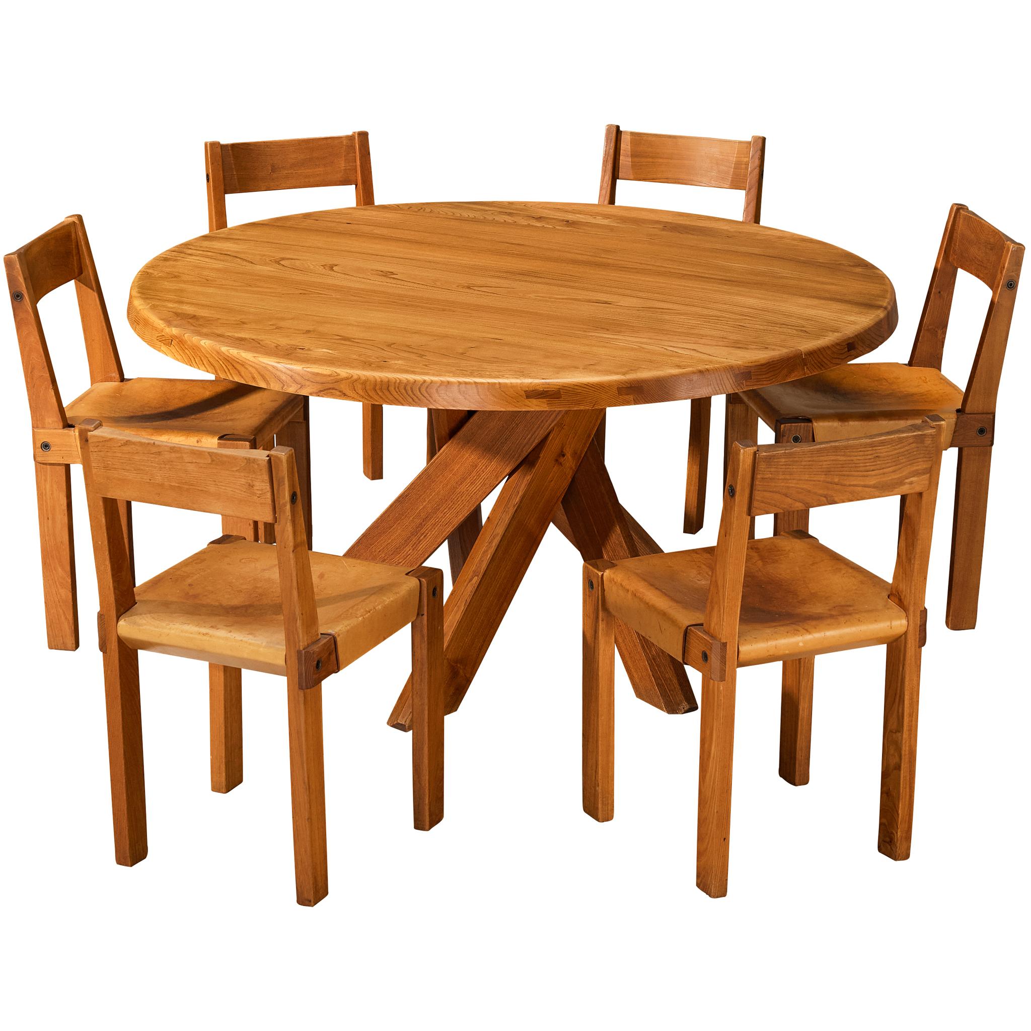 Pierre Chapo Dining Room Set with 'T21 D' Table and 'S24' Chairs For Sale