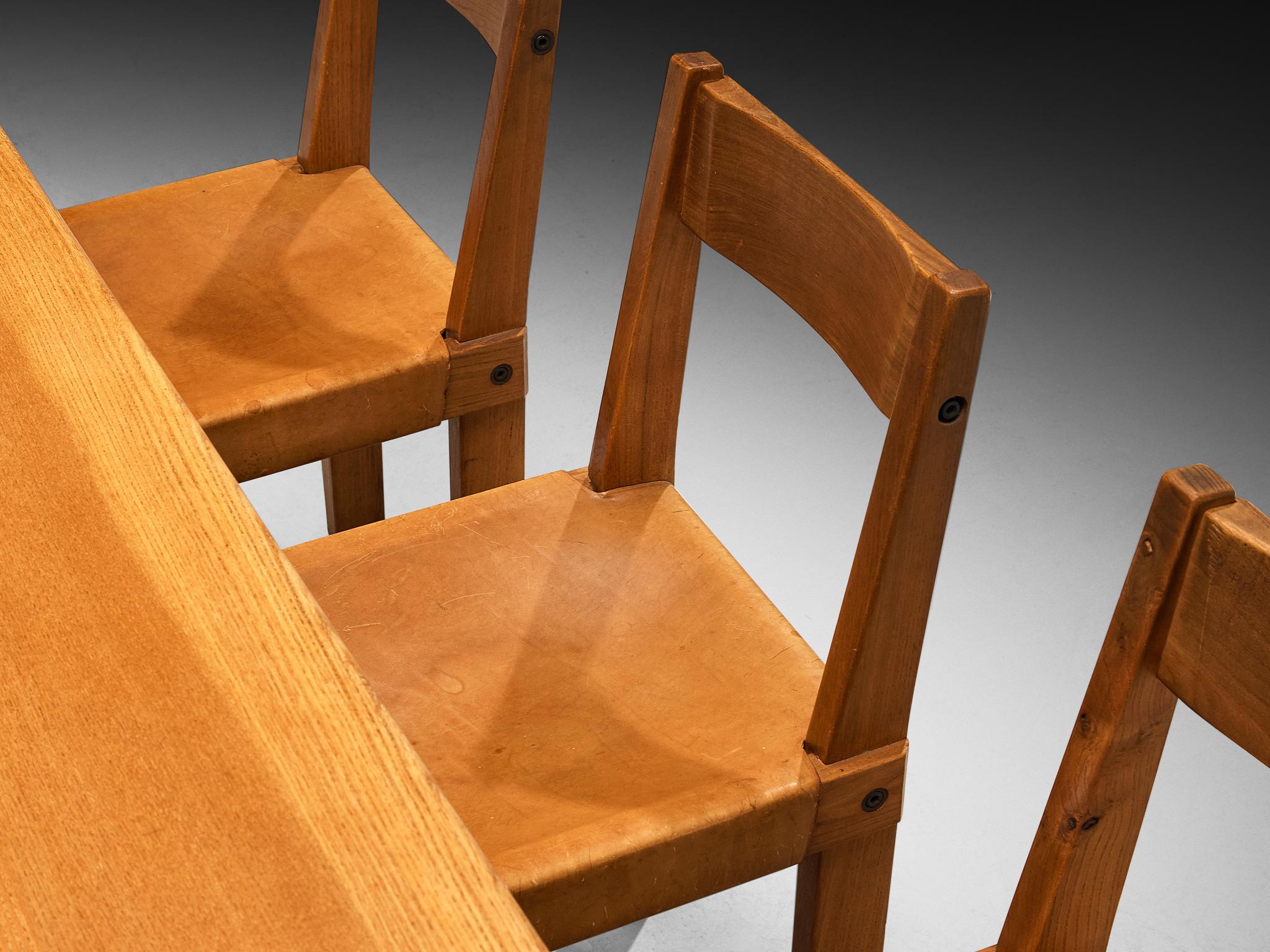 Mid-Century Modern Pierre Chapo Dining Set with 'T14D' Table and 'S24' Chairs in Elm and Leather For Sale