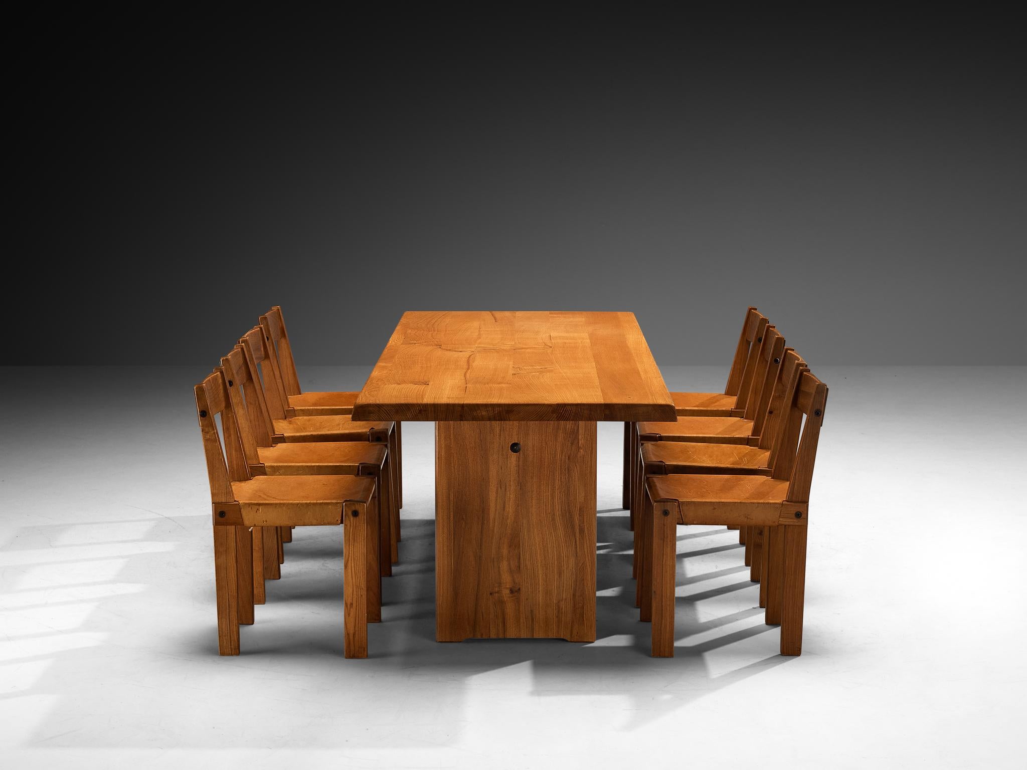 French Pierre Chapo Dining Set with 'T14D' Table and 'S24' Chairs in Elm and Leather For Sale