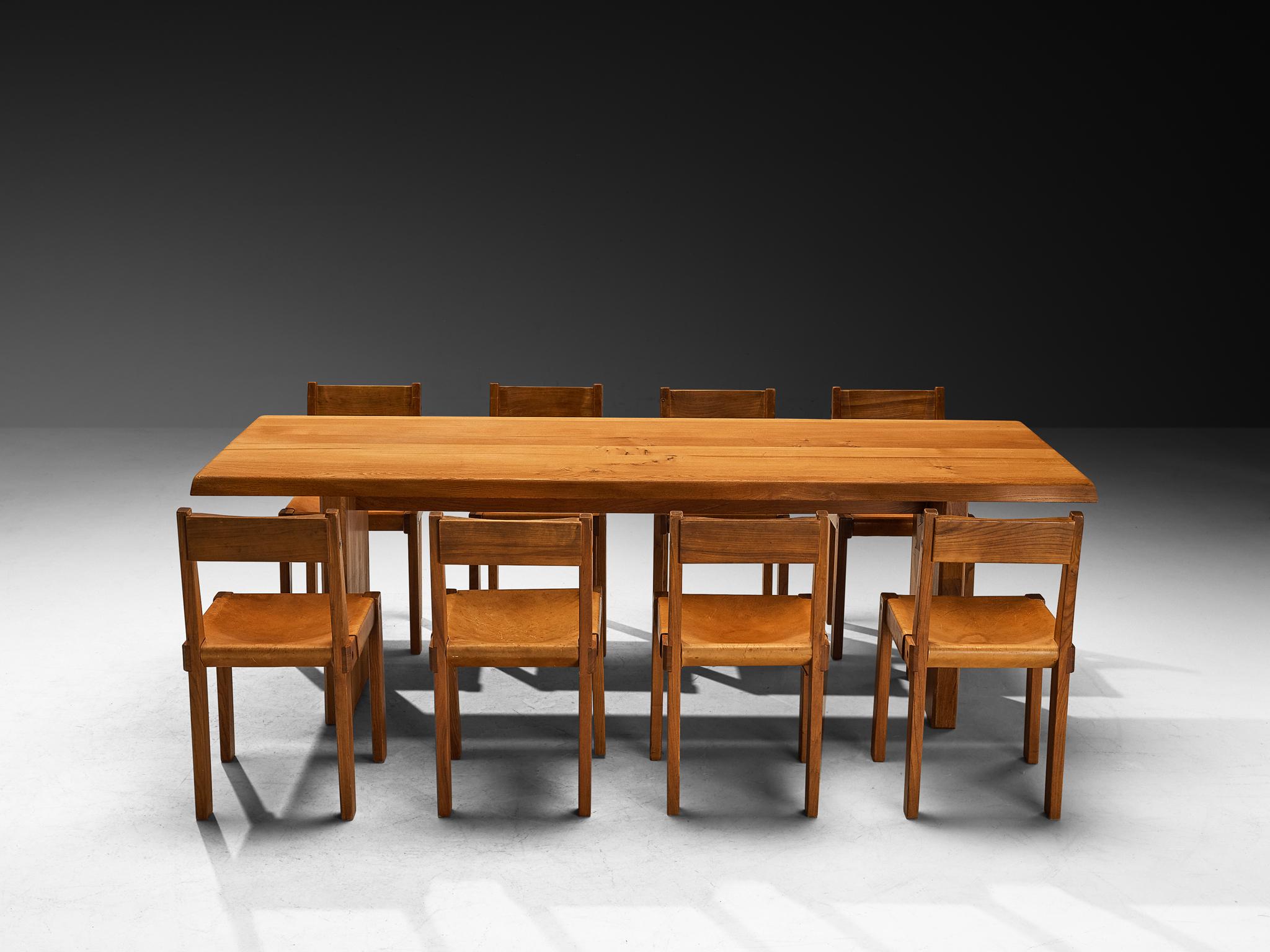 Pierre Chapo Dining Set with 'T14D' Table and 'S24' Chairs in Elm and Leather In Good Condition For Sale In Waalwijk, NL