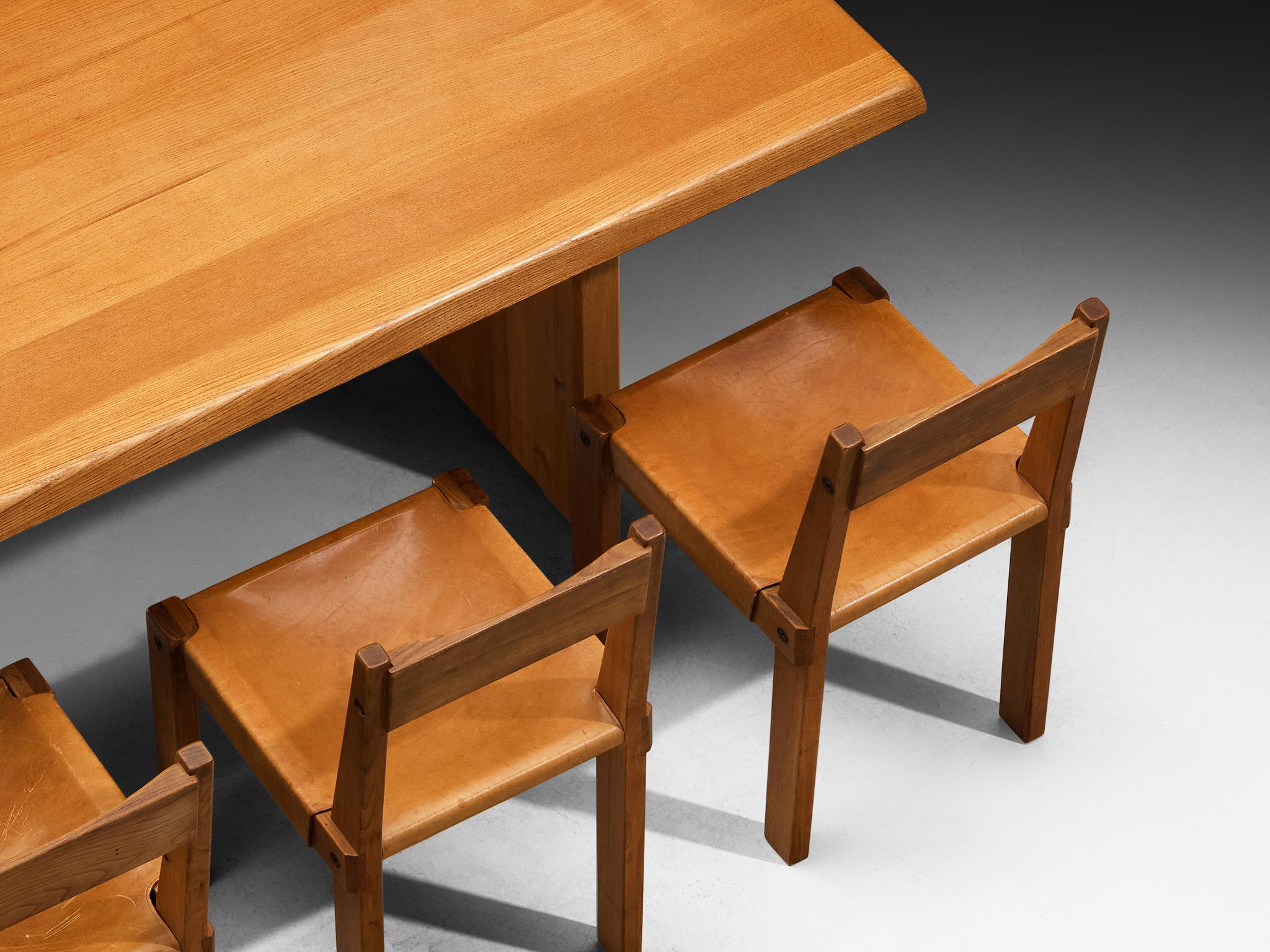 Late 20th Century Pierre Chapo Dining Set with 'T14D' Table and 'S24' Chairs in Elm and Leather For Sale