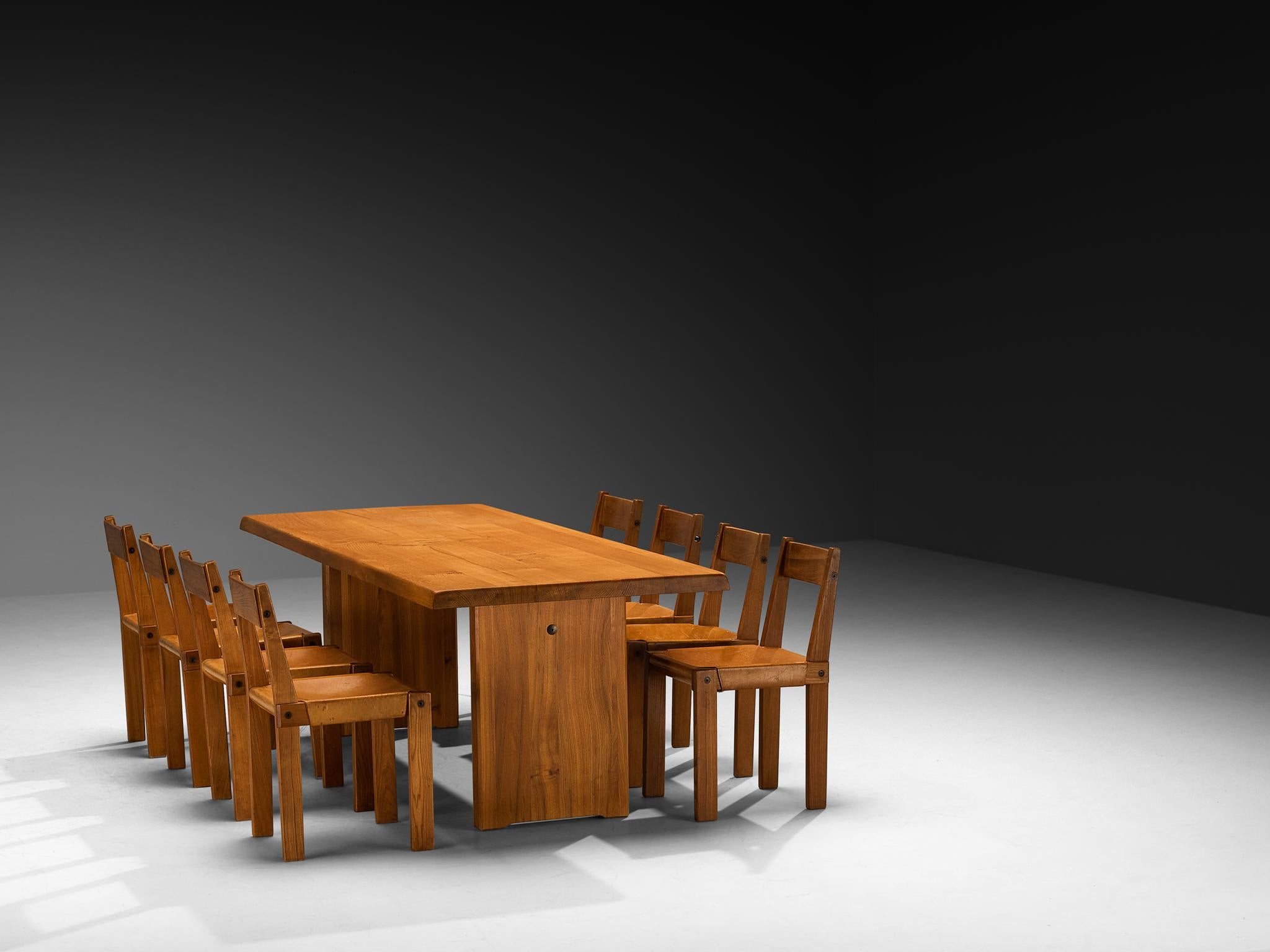 Pierre Chapo Dining Set with 'T14D' Table and 'S24' Chairs in Elm and Leather For Sale 1