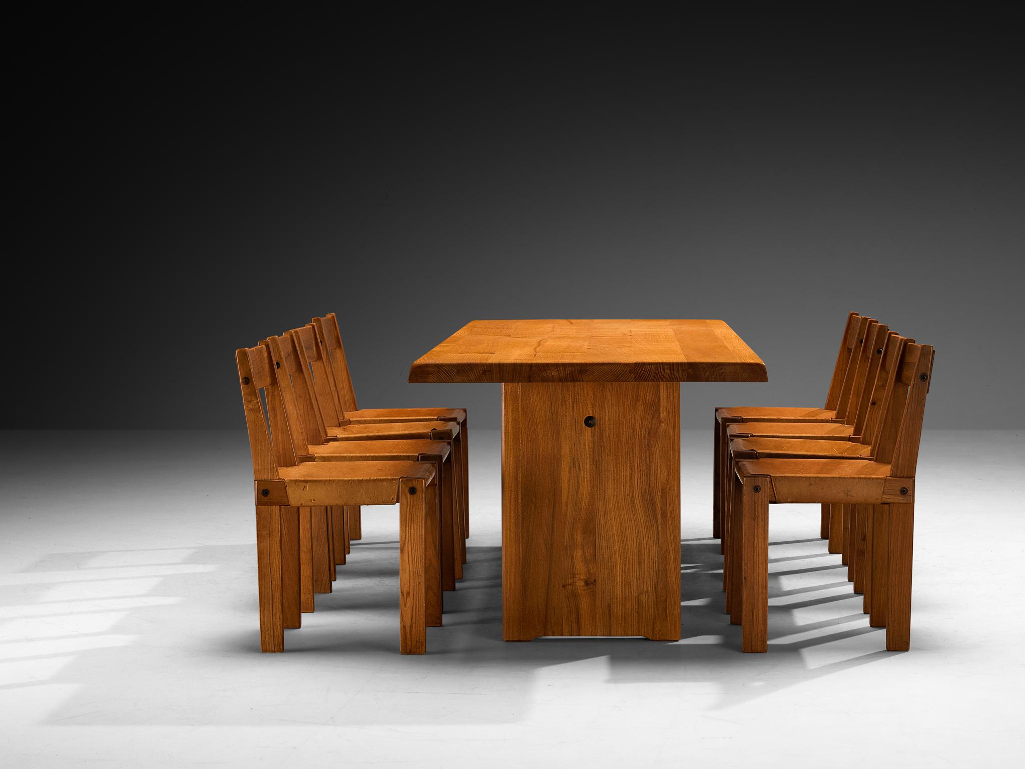 Pierre Chapo Dining Set with 'T14D' Table and 'S24' Chairs in Elm and Leather For Sale 2