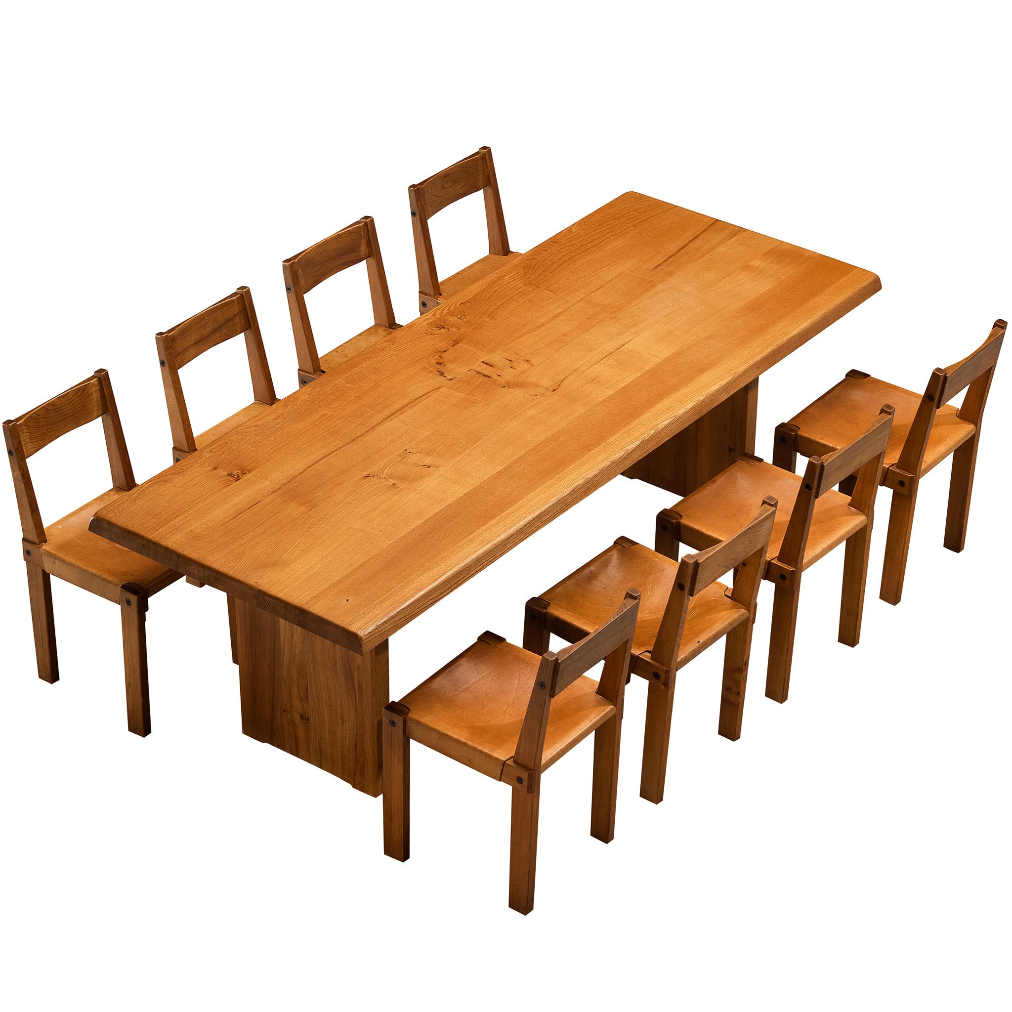 Ensemble de salle à manger Pierre Chapo avec table 'T14D' et chaises 'S24' en orme et cuir