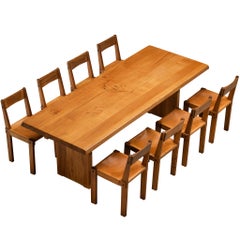 Pierre Chapo Dining Set with 'T14D' Table and 'S24' Chairs in Elm and Leather