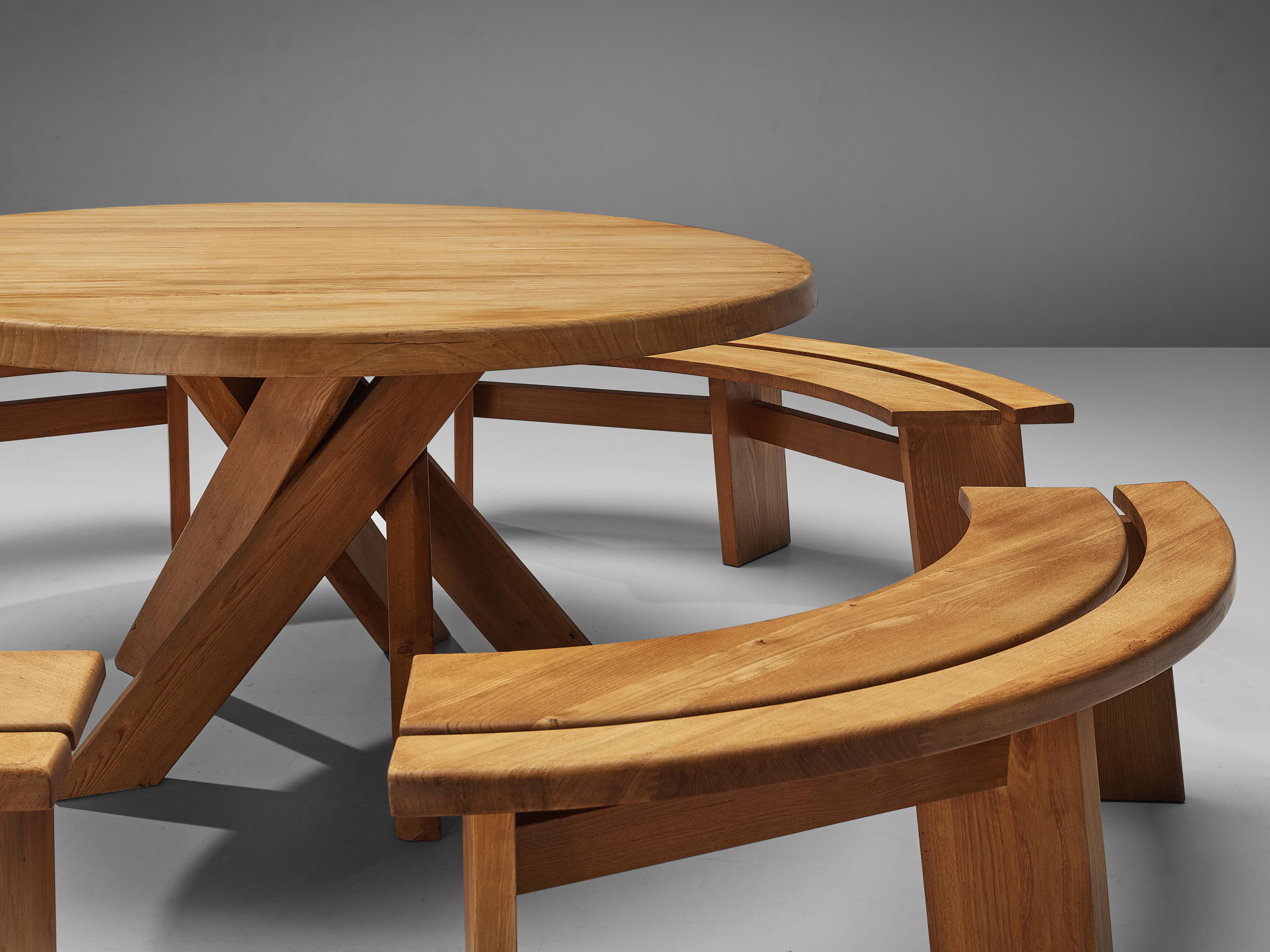 Pierre Chapo Dining Table ‘T21’ with Benches ‘S38A’ in Solid Elm In Good Condition In Waalwijk, NL