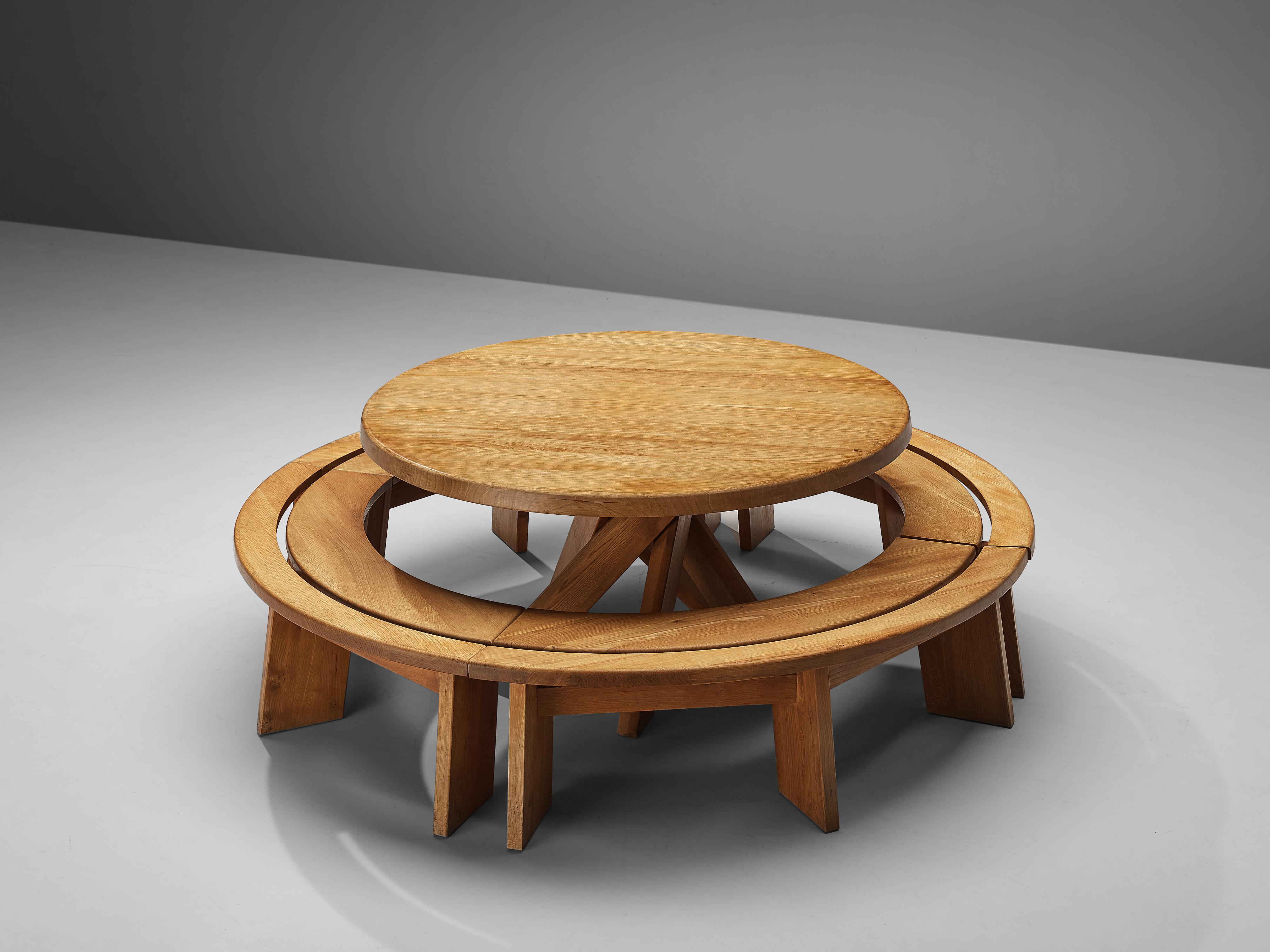 Mid-20th Century Pierre Chapo Dining Table ‘T21’ with Benches ‘S38A’ in Solid Elm