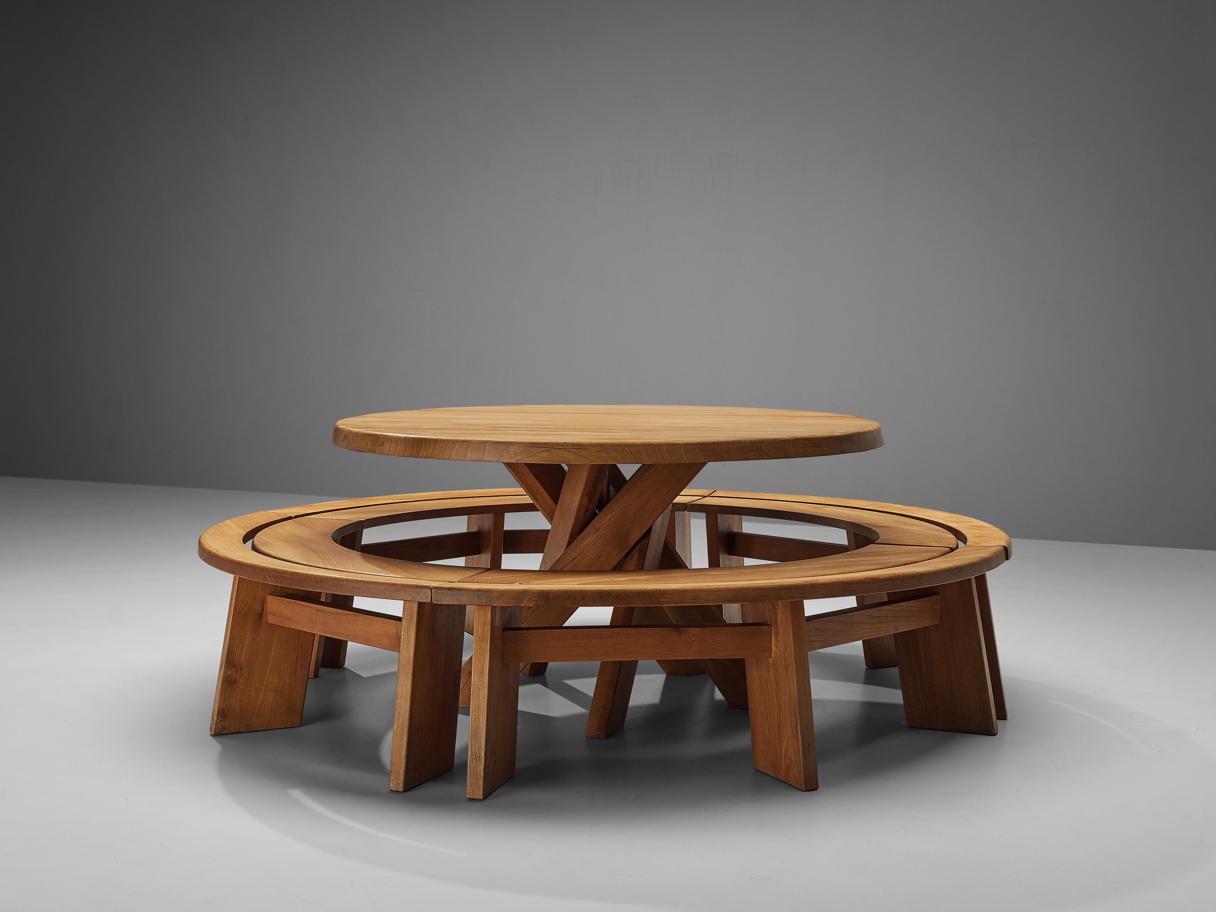 Pierre Chapo Dining Table ‘T21’ with Benches ‘S38A’ in Solid Elm 2