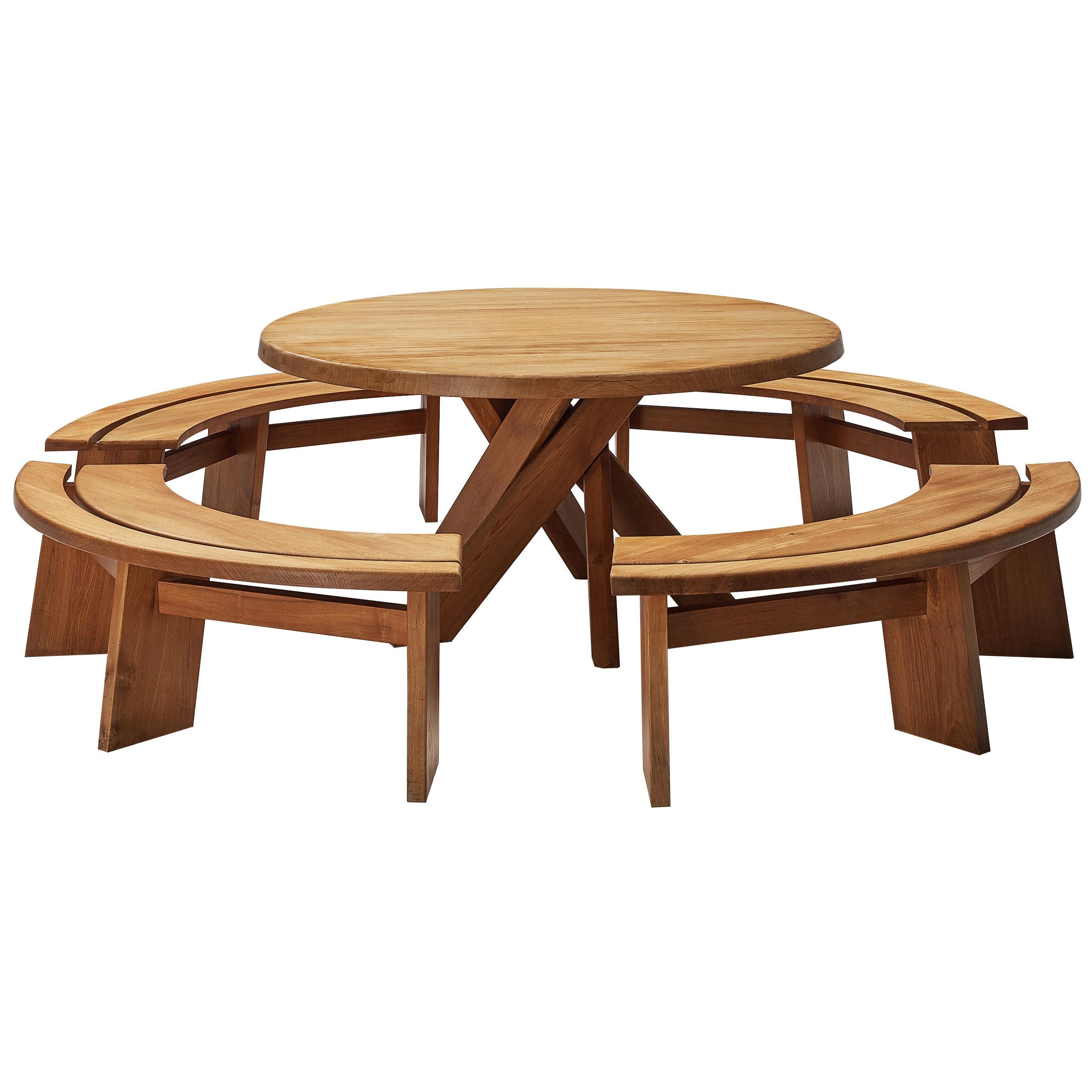 Pierre Chapo Dining Table ‘T21’ with Benches ‘S38A’ in Solid Elm