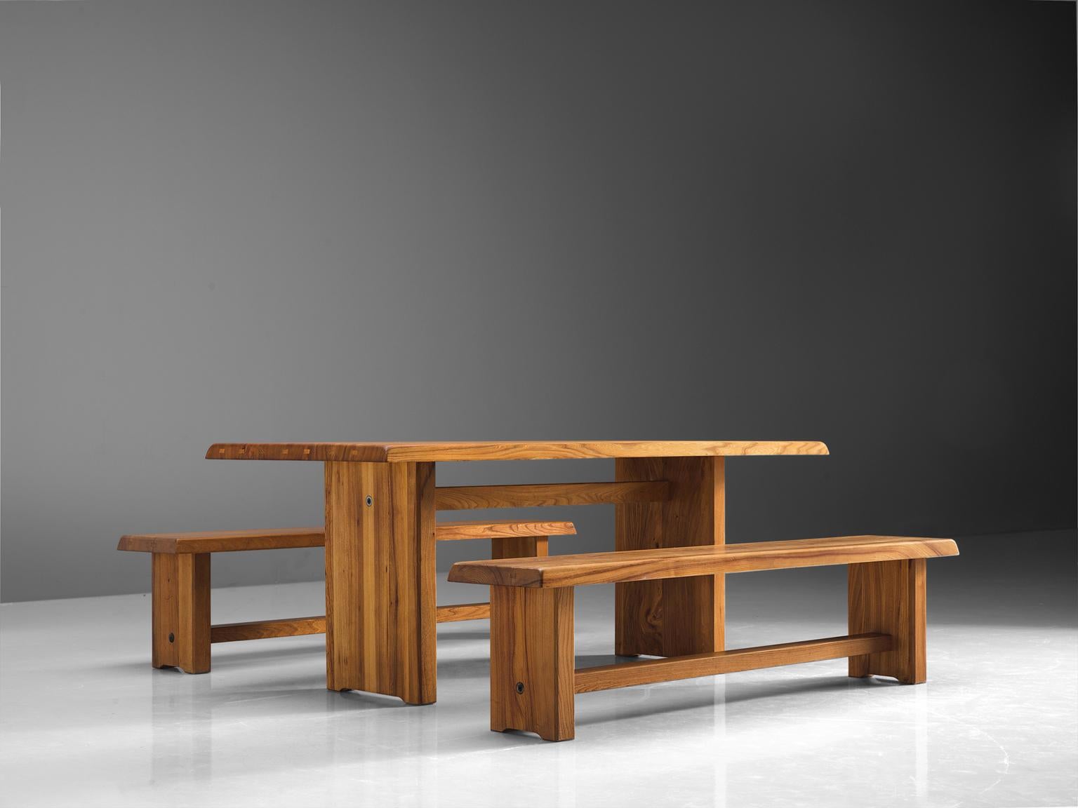 Mid-Century Modern Pierre Chapo Elm Table with Benches